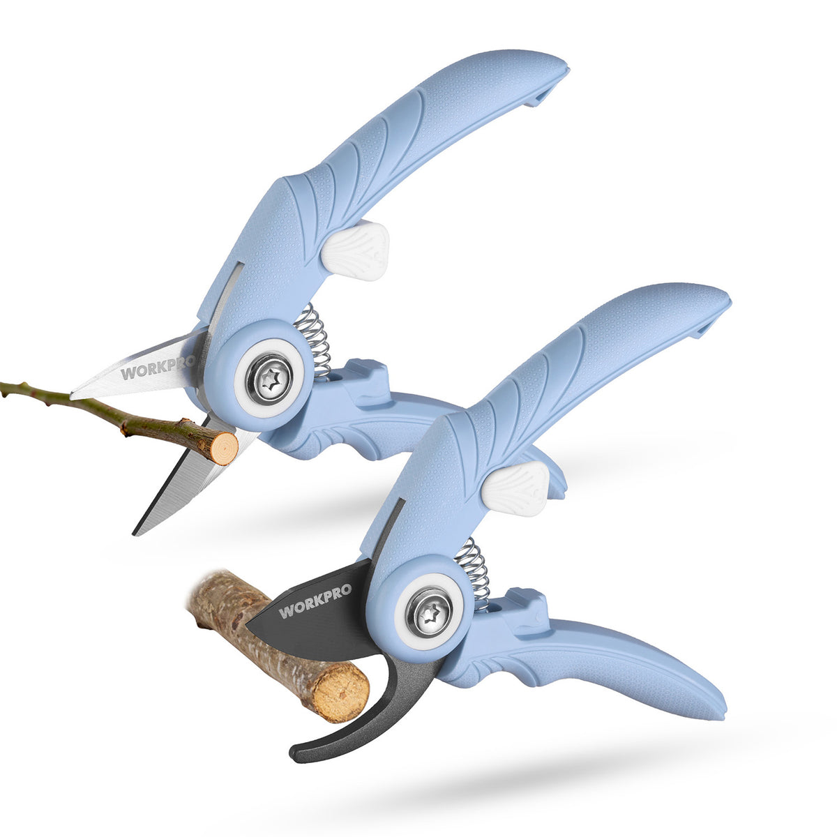 Pair of blue pruning shears with spring handles and guarded blade