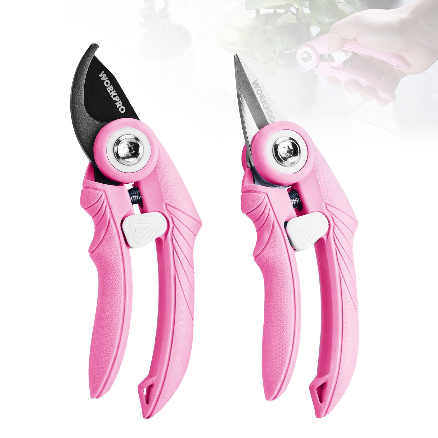 Pink pruning shears set with bypass and straight blades