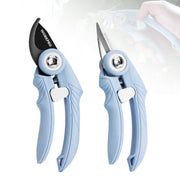 Blue pruning shears set with bypass and straight blades, spring handles