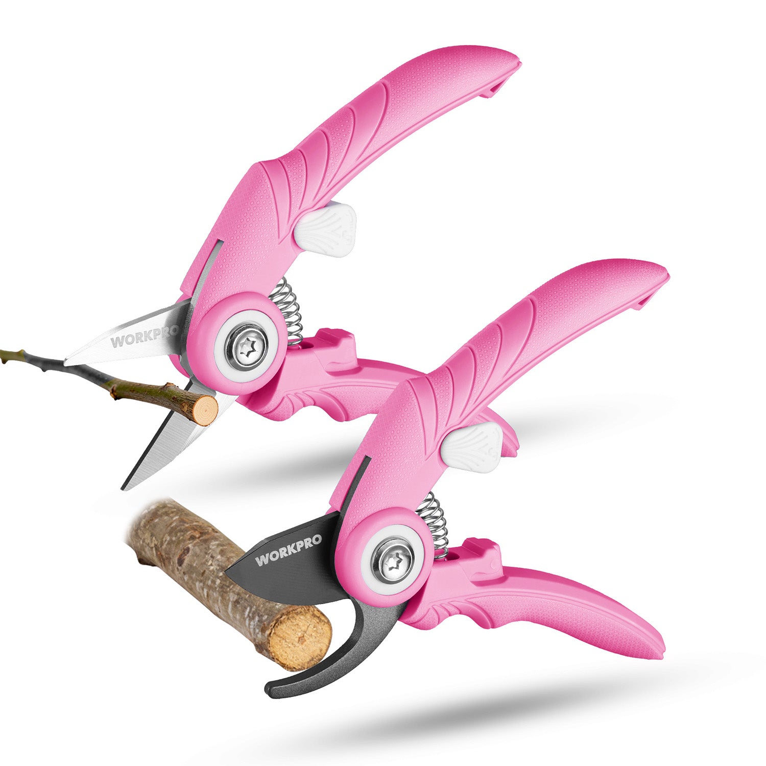 Pink garden pruning shears cutting a branch, bypass and straight blades