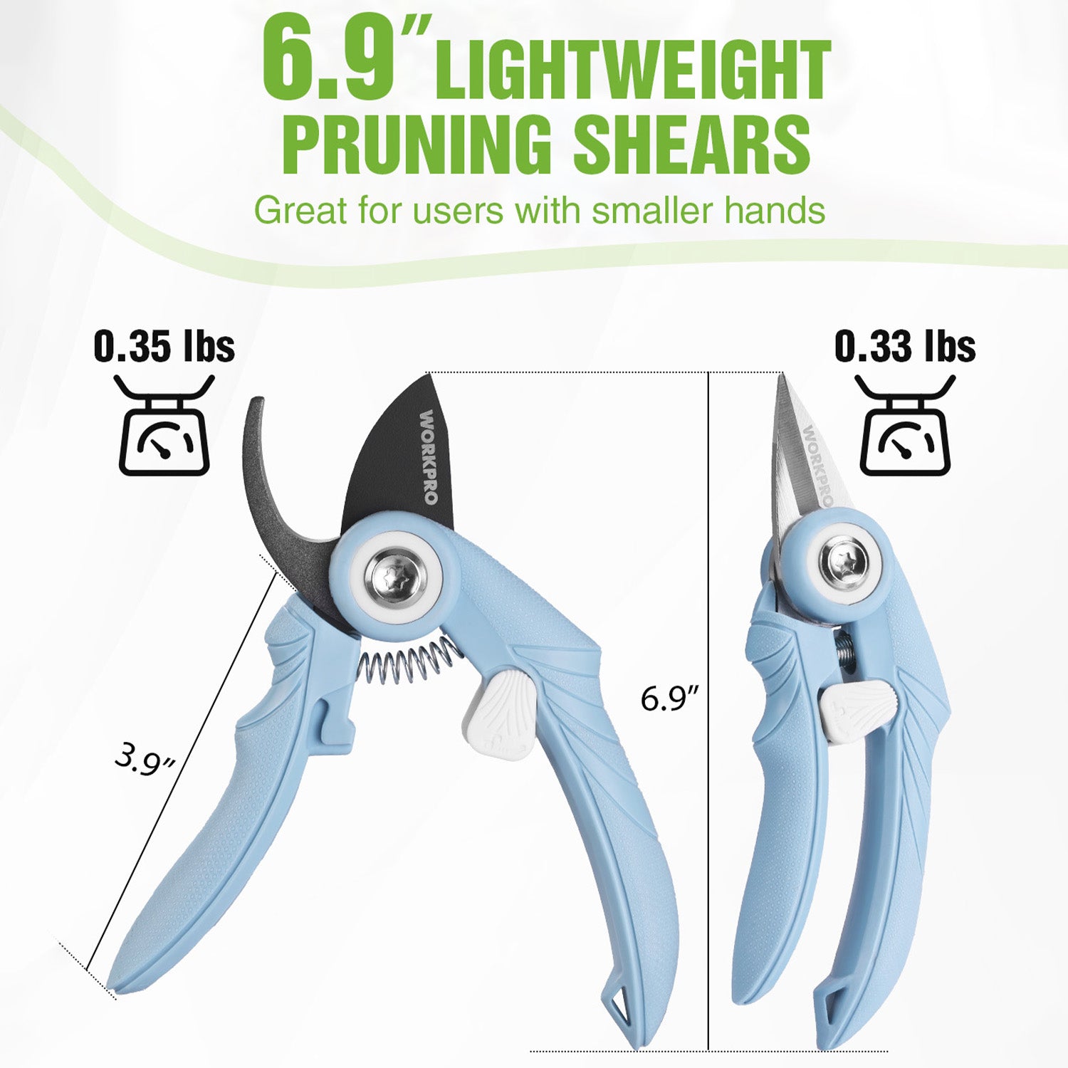 Blue pruning shears set with bypass and straight blades, 6.9 in handles