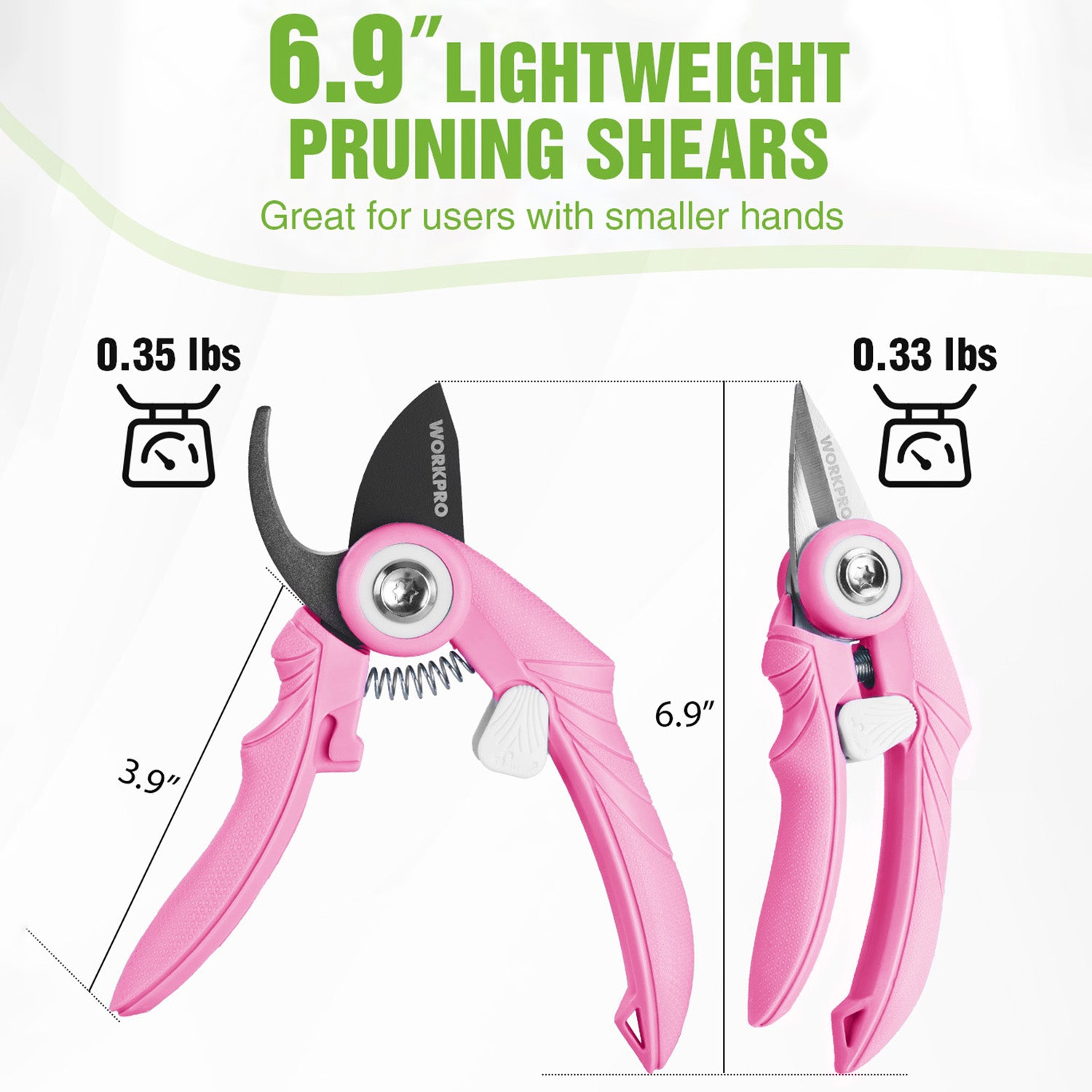 Pink pruning shears set with bypass and straight blades, 6.9 in size