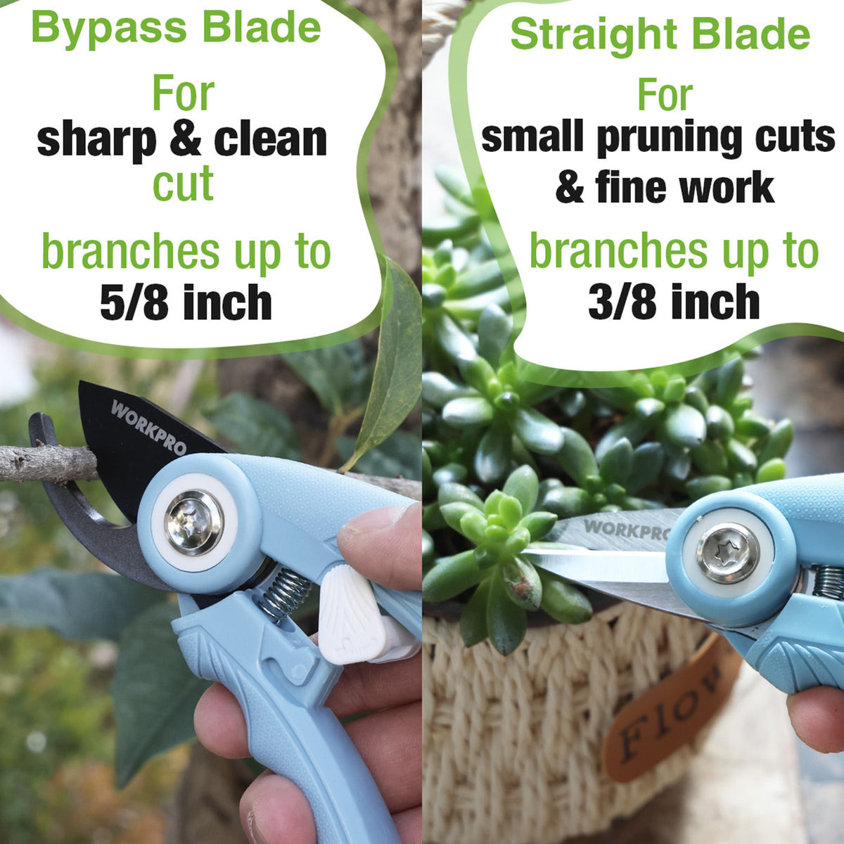 Bypass and straight pruning shear blades with blue handles