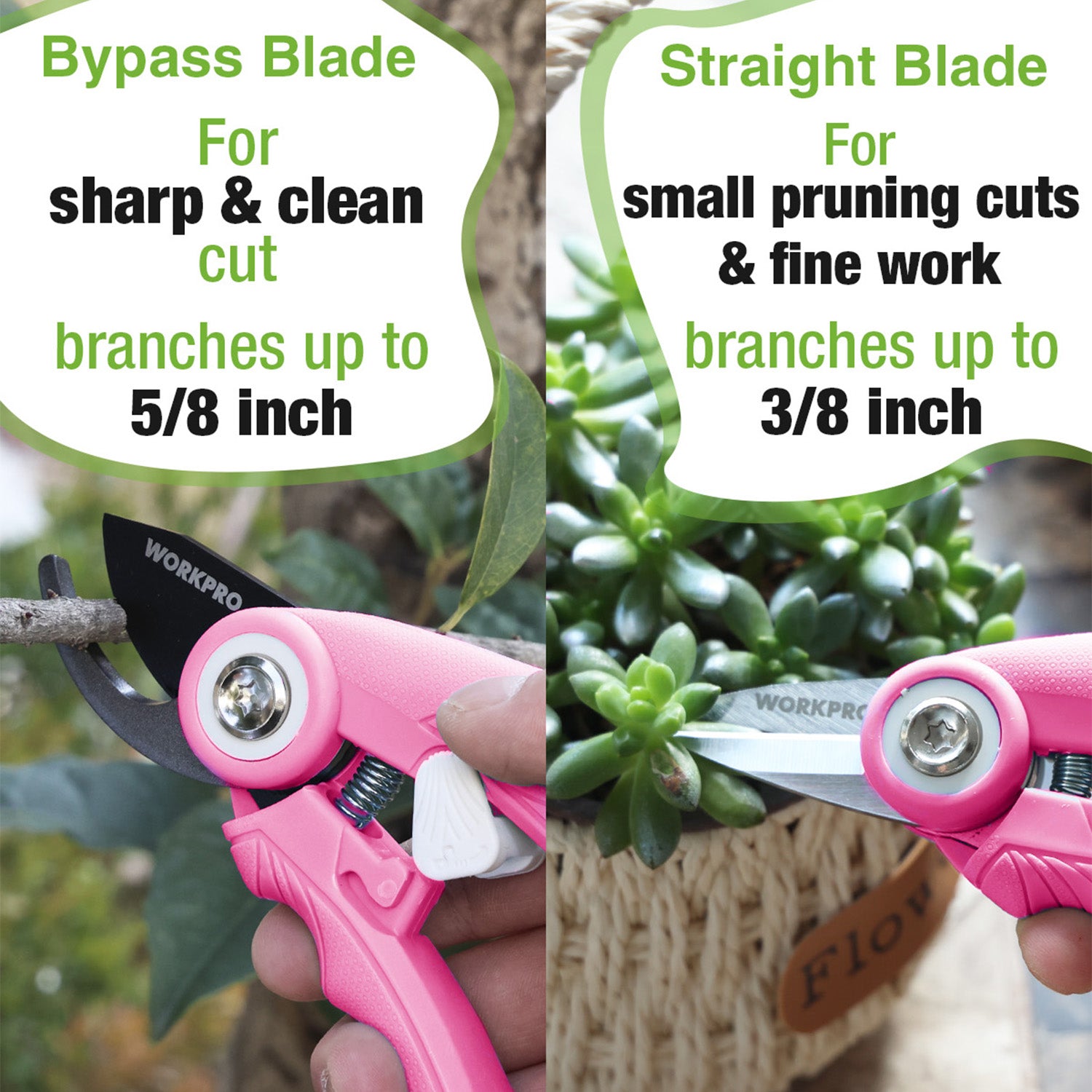 Pink bypass and straight pruning shear blades with sharp cutting edges
