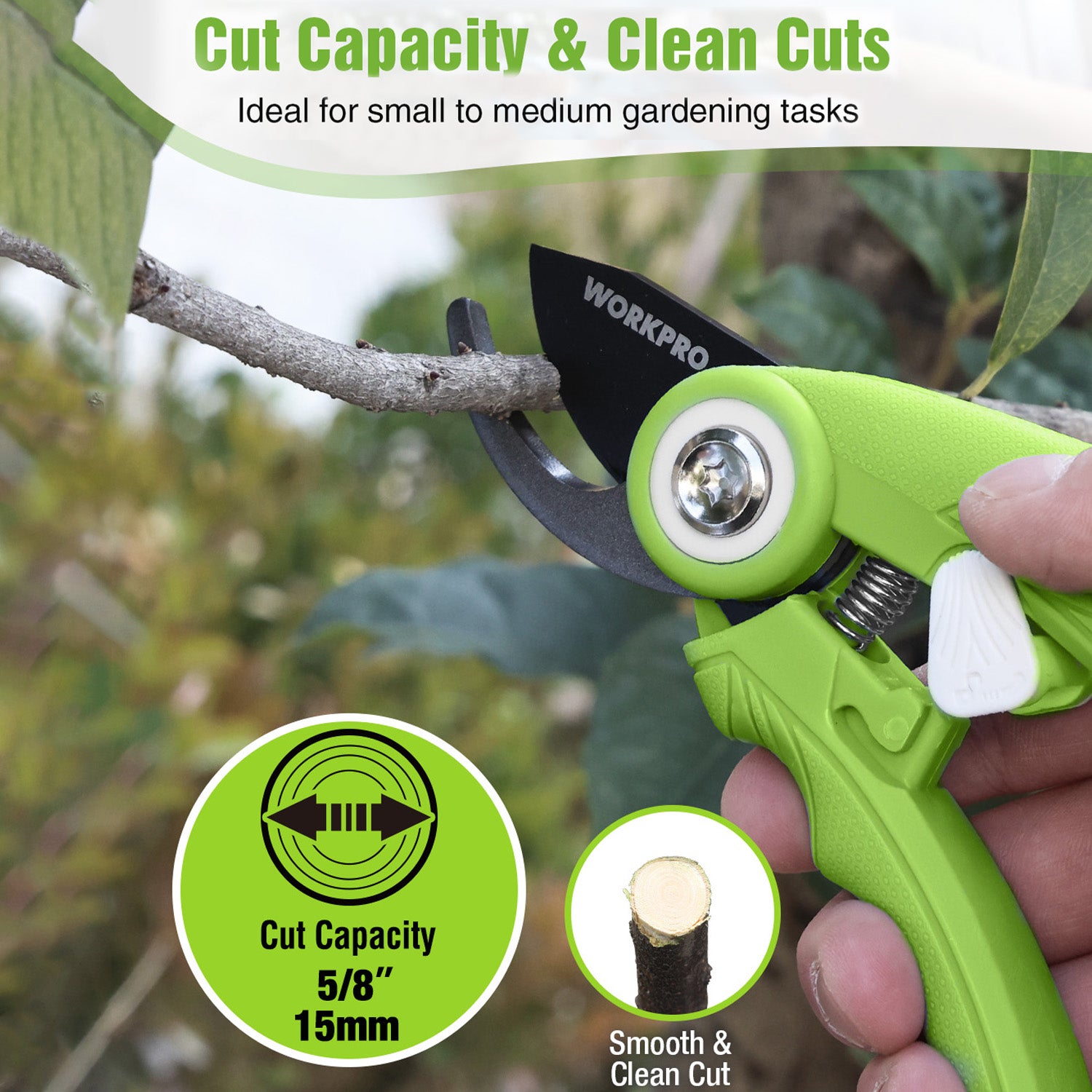 Green pruning shears on a branch with white cloth, 5/8 in cut capacity