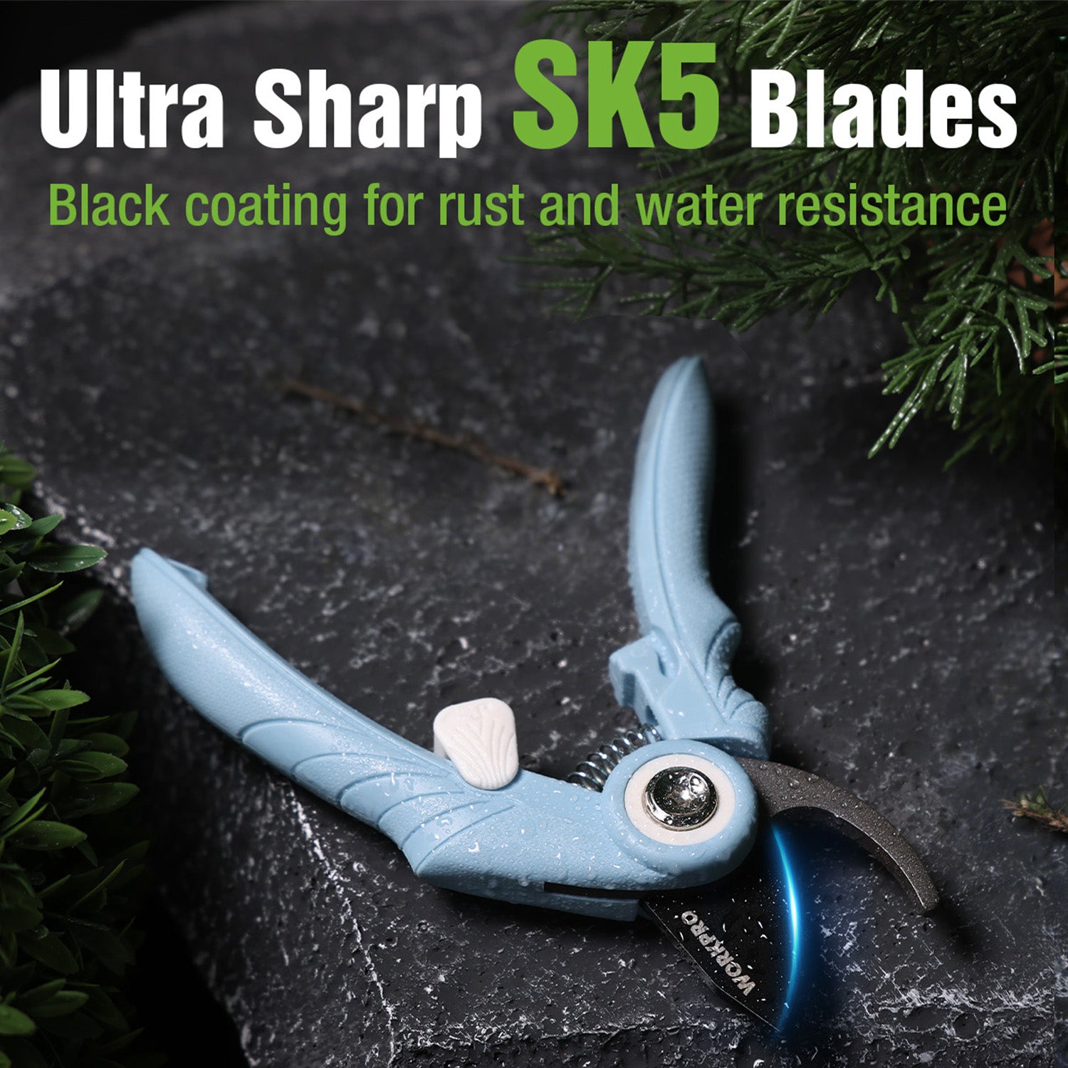 Blue pruning shears with SK5 blades and black coating for rust resistance