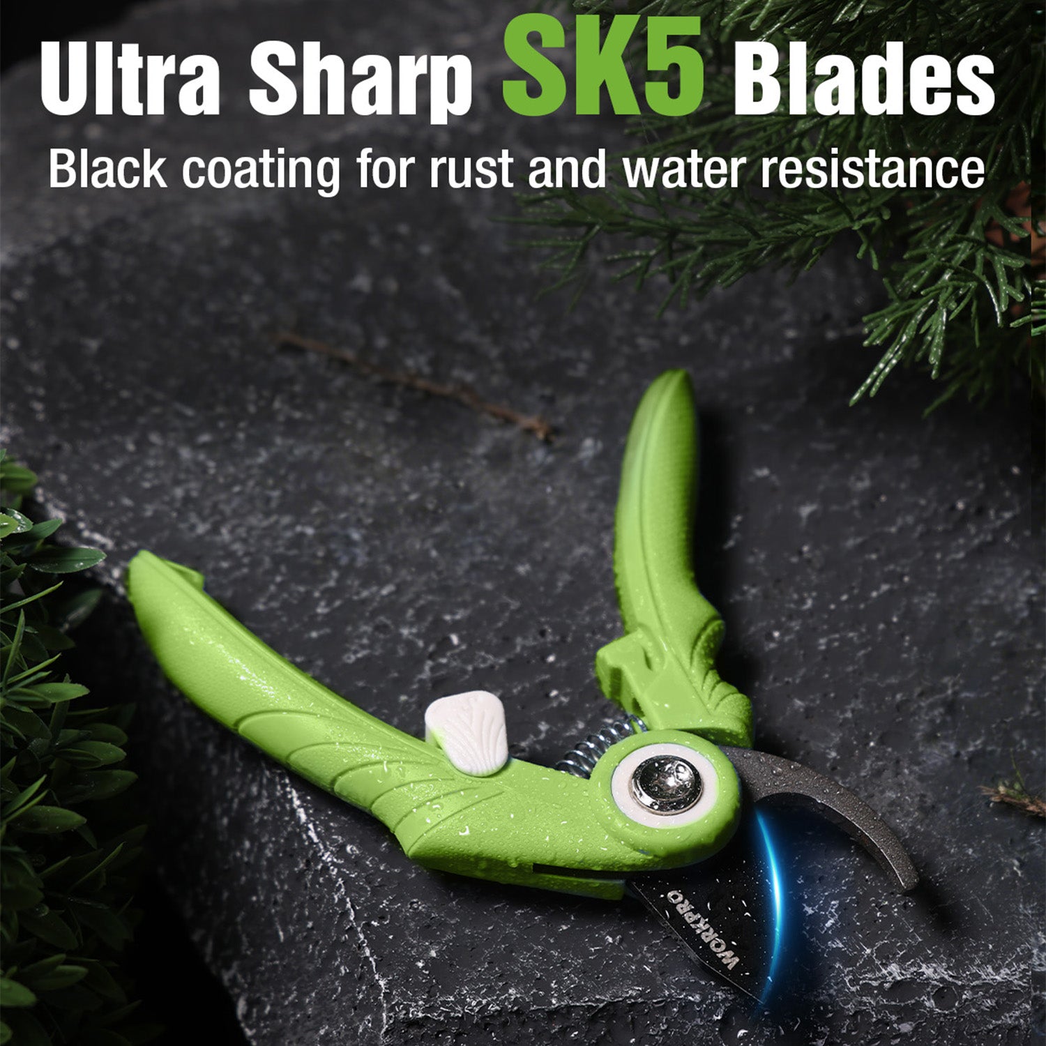 Green pruning shears with SK5 blades and black coating for rust and water resistance