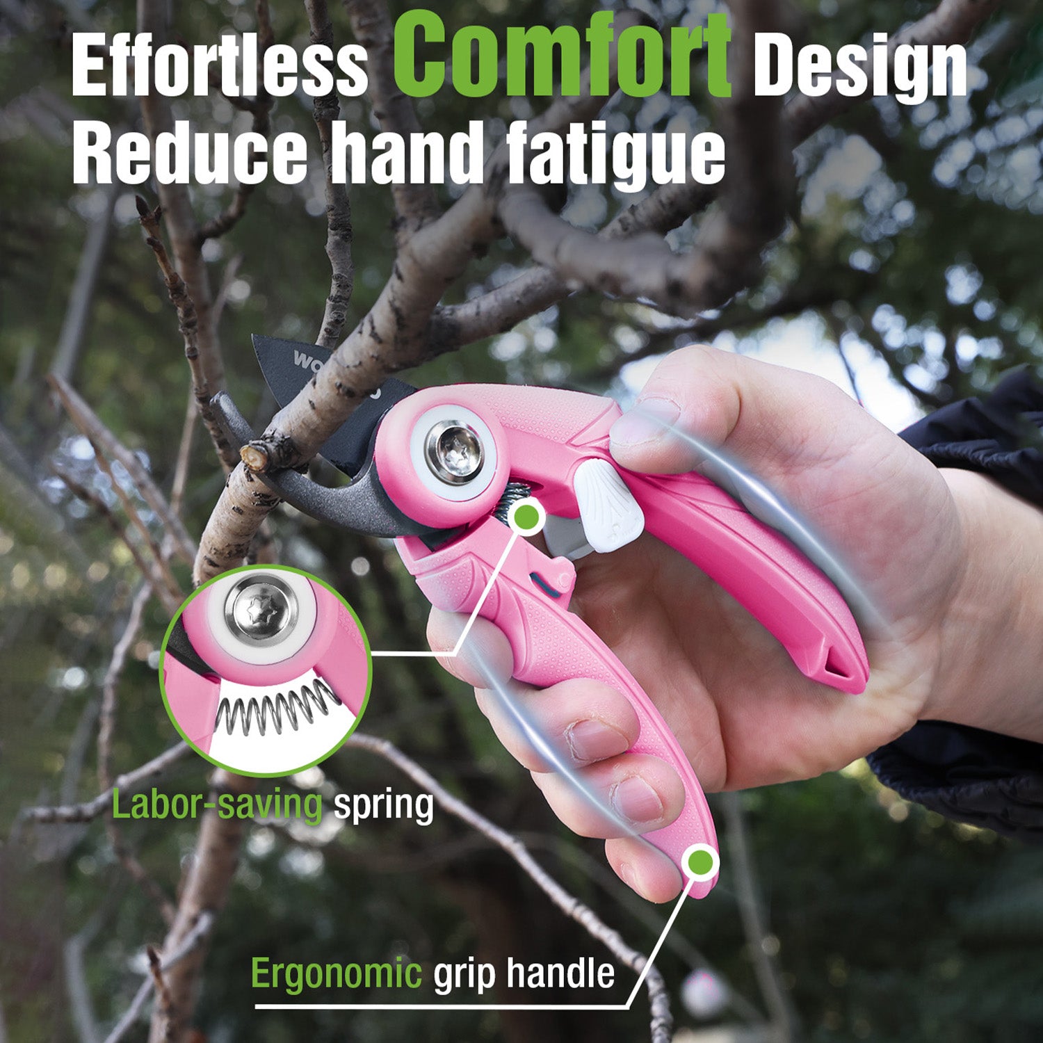 Pink garden pruning shears with ergonomic grip and spring-loaded bypass blades