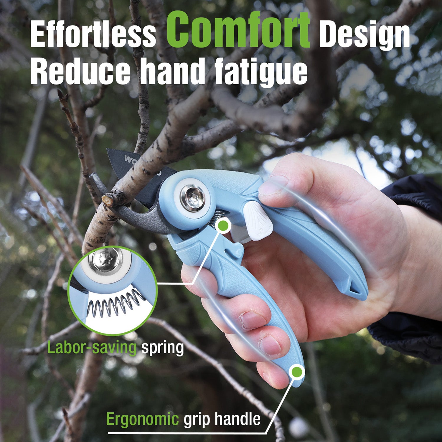 Blue pruning shears with ergonomic grip and spring mechanism detail