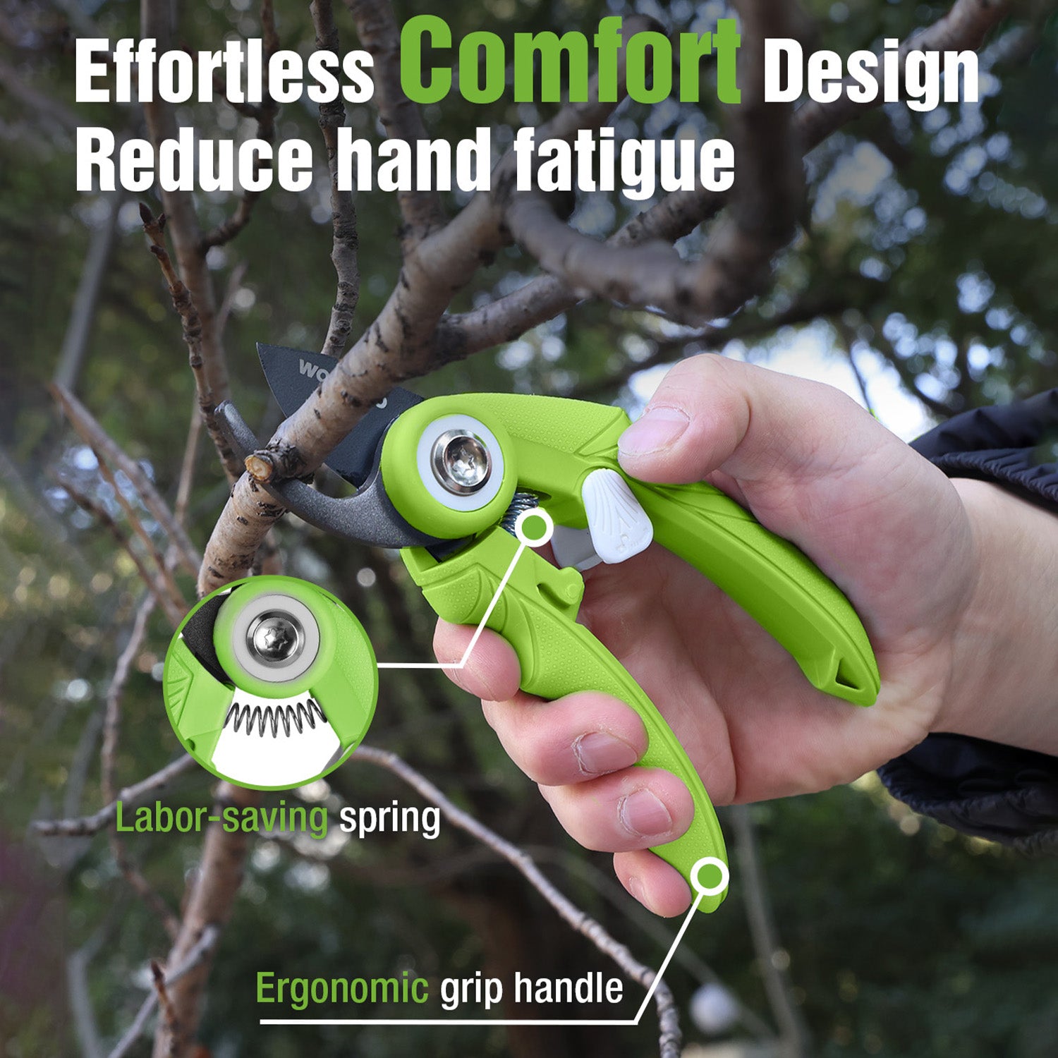 Green pruning shears with ergonomic grip handle for reduced hand fatigue