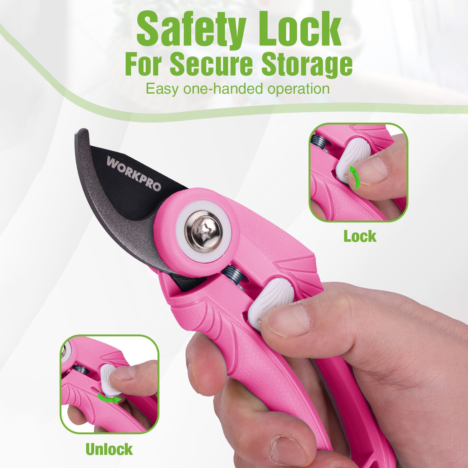 Pink pruning shears with safety lock, one-handed lock/unlock design