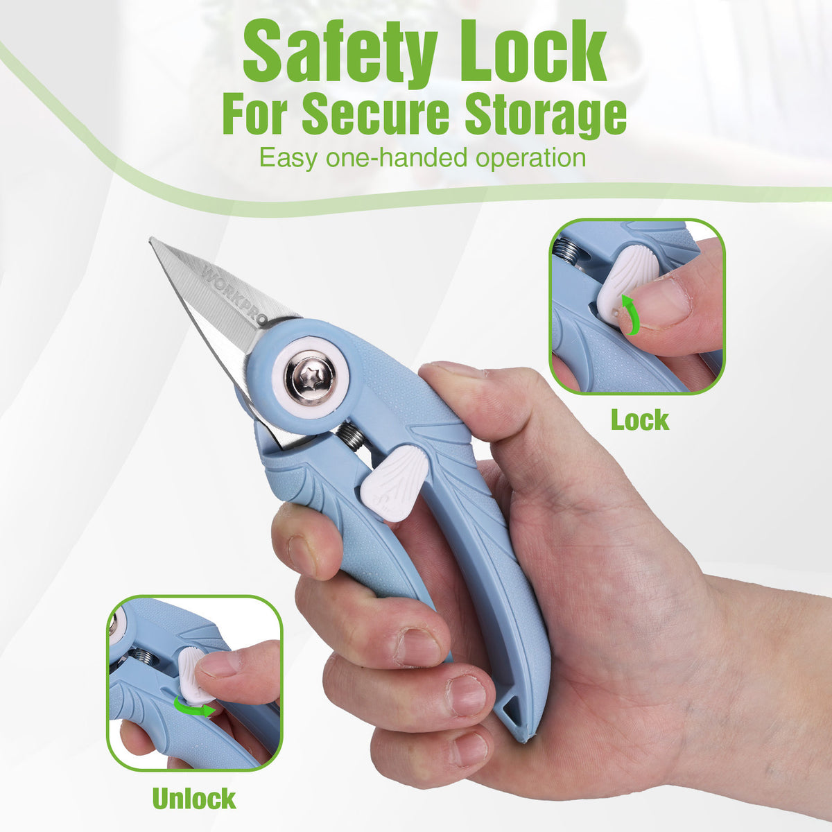 Blue garden pruning shears with safety lock, held in a hand