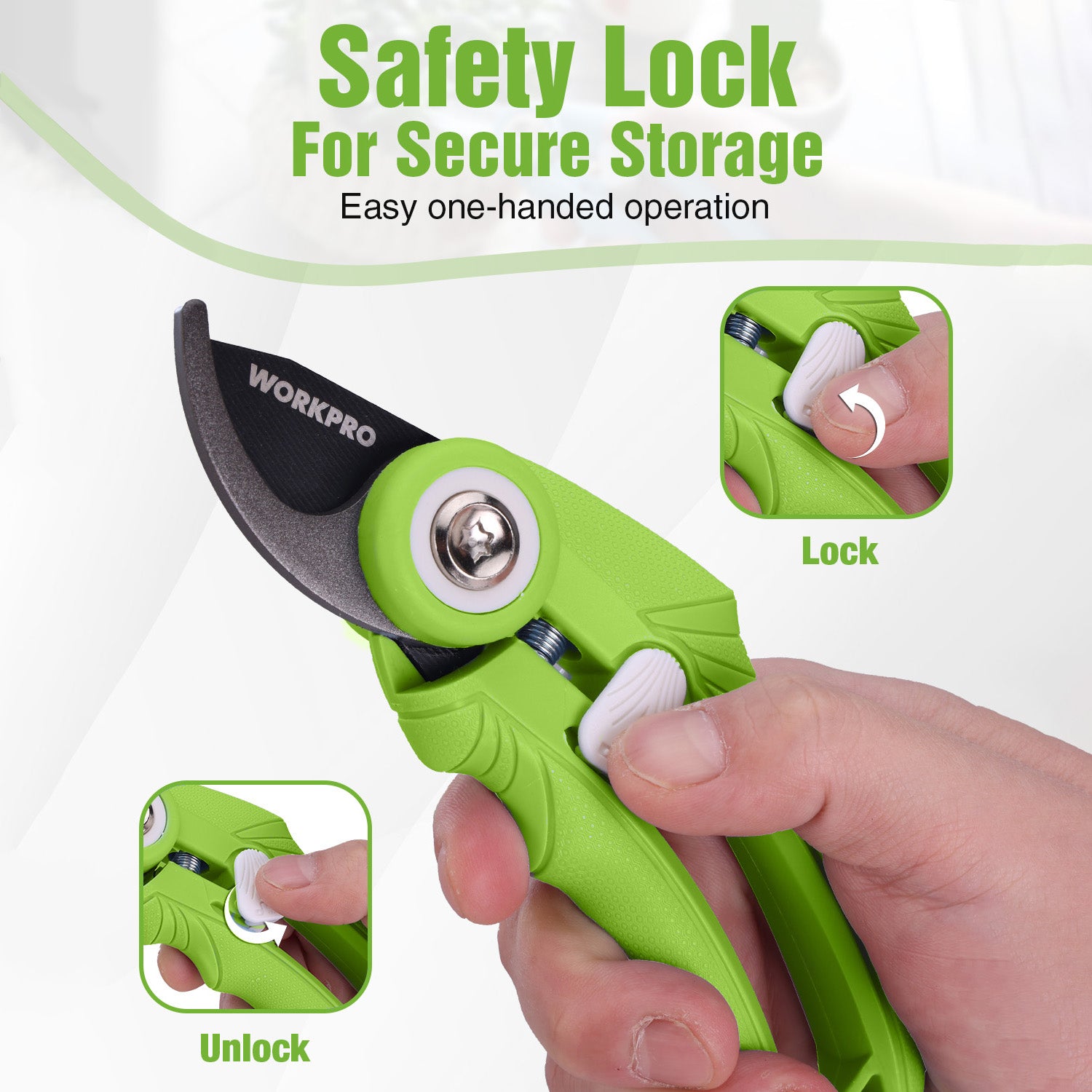 Green pruning shears with safety lock for secure storage and one-handed use