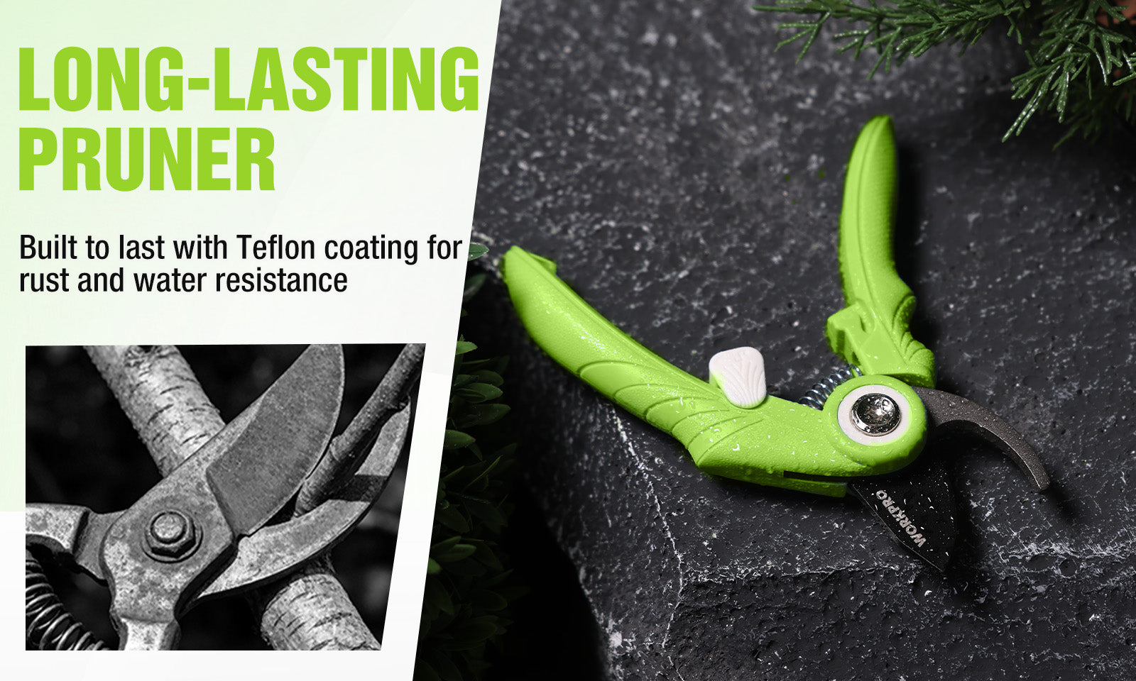 Green pruning shears on dark stone with innovation and quality text, showing long lasting design