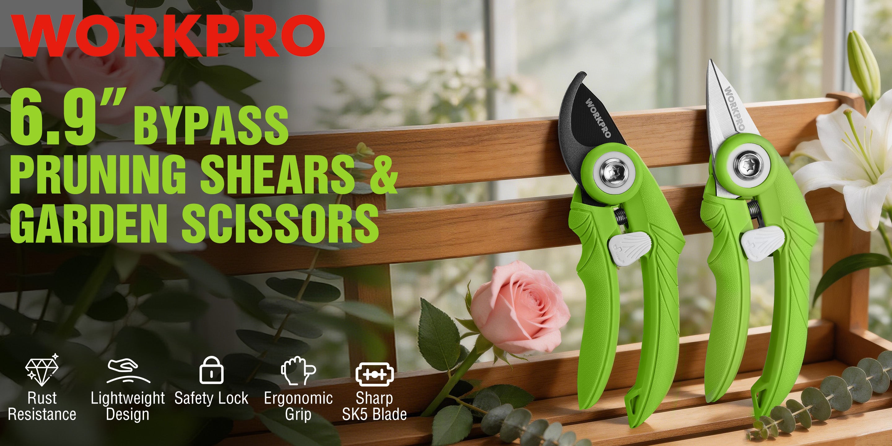 Green garden pruning shears and SK5 blade on wooden rack, with innovation and quality text overlay