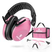 Pink and black kids noise cancelling earmuffs set with safety glasses and storage pouch