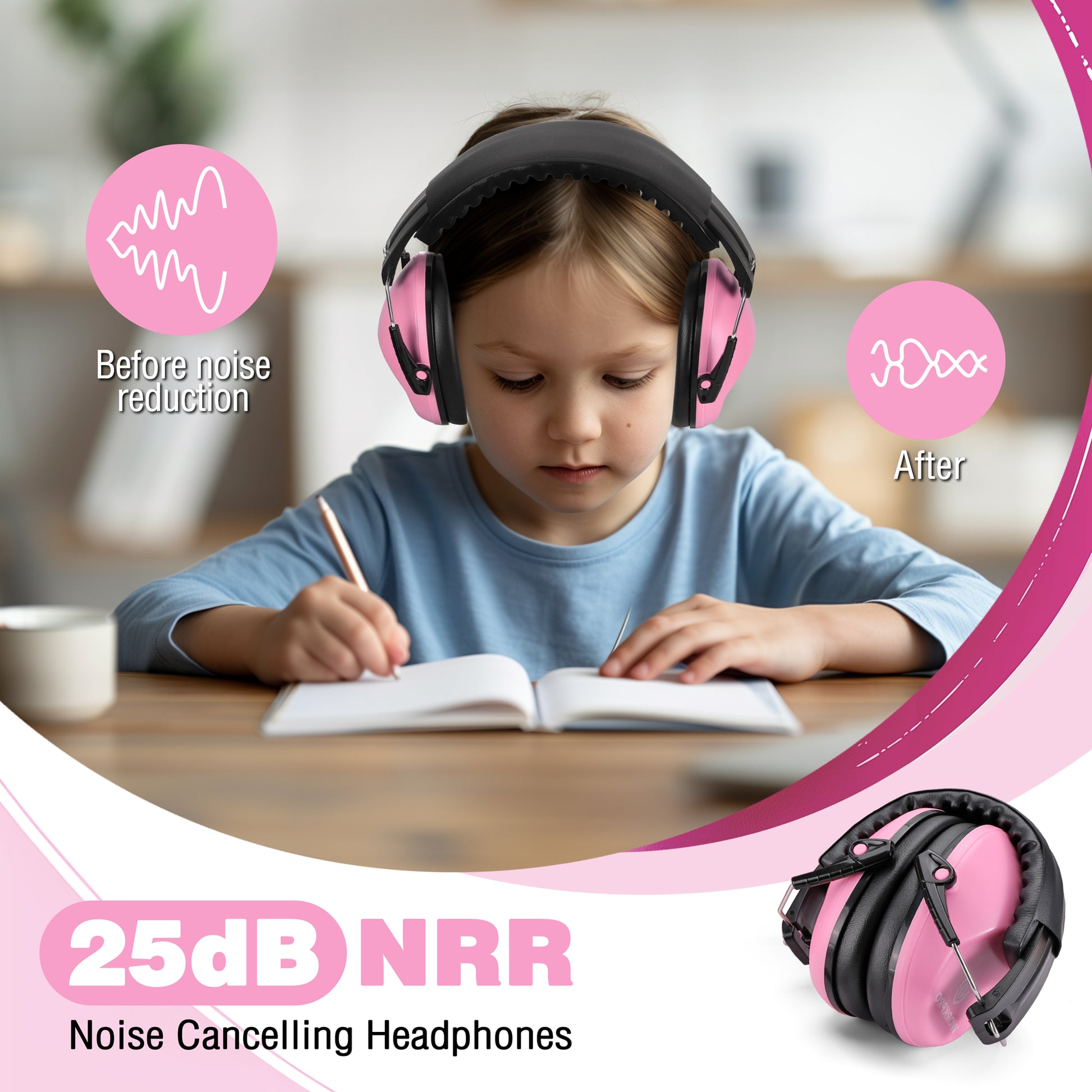 Kids noise cancelling earmuffs with pink ear cushions and black headband, worn