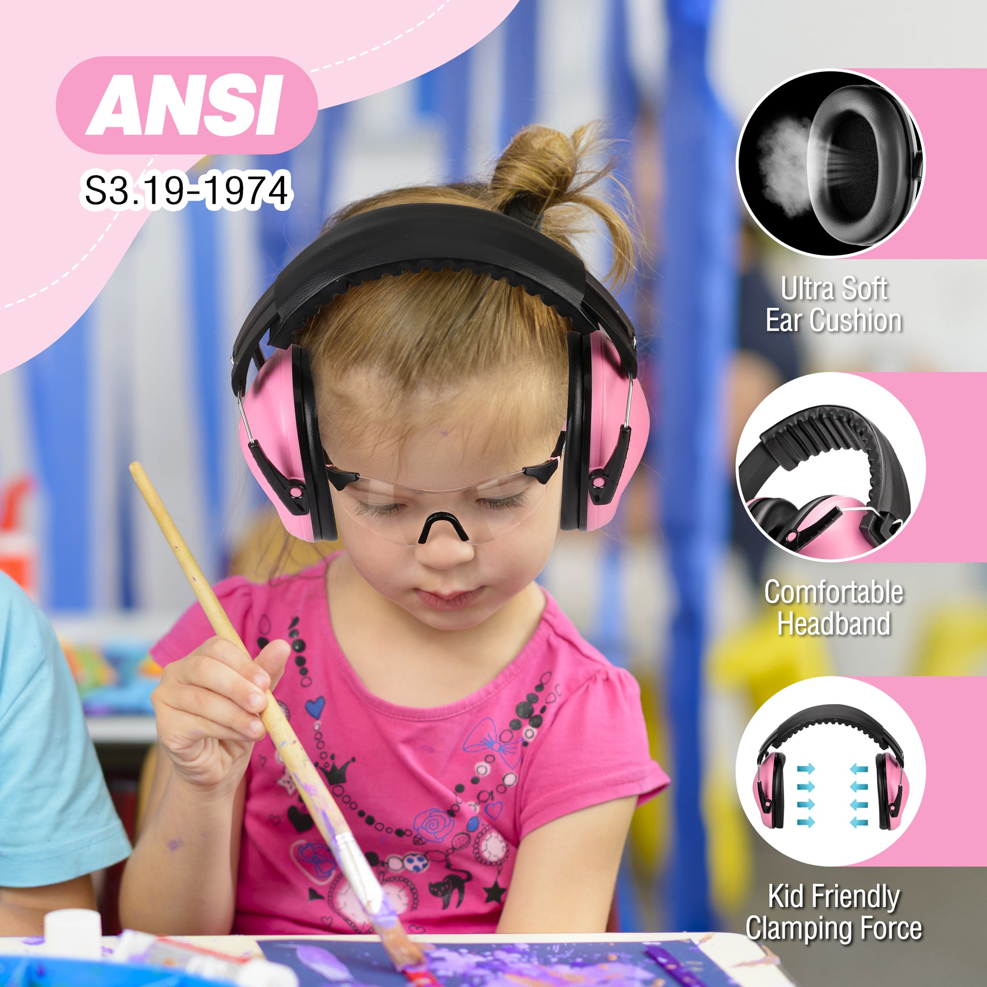 Kids noise cancelling earmuffs with pink accents and cushioned headband, worn