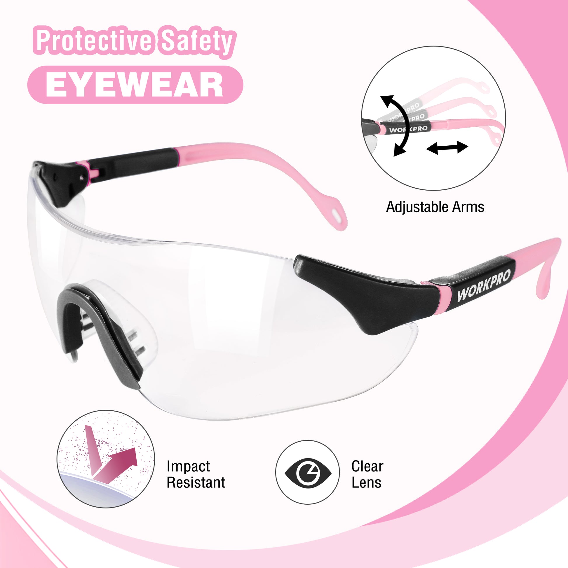 Clear protective safety eyewear with pink-and-black adjustable arms
