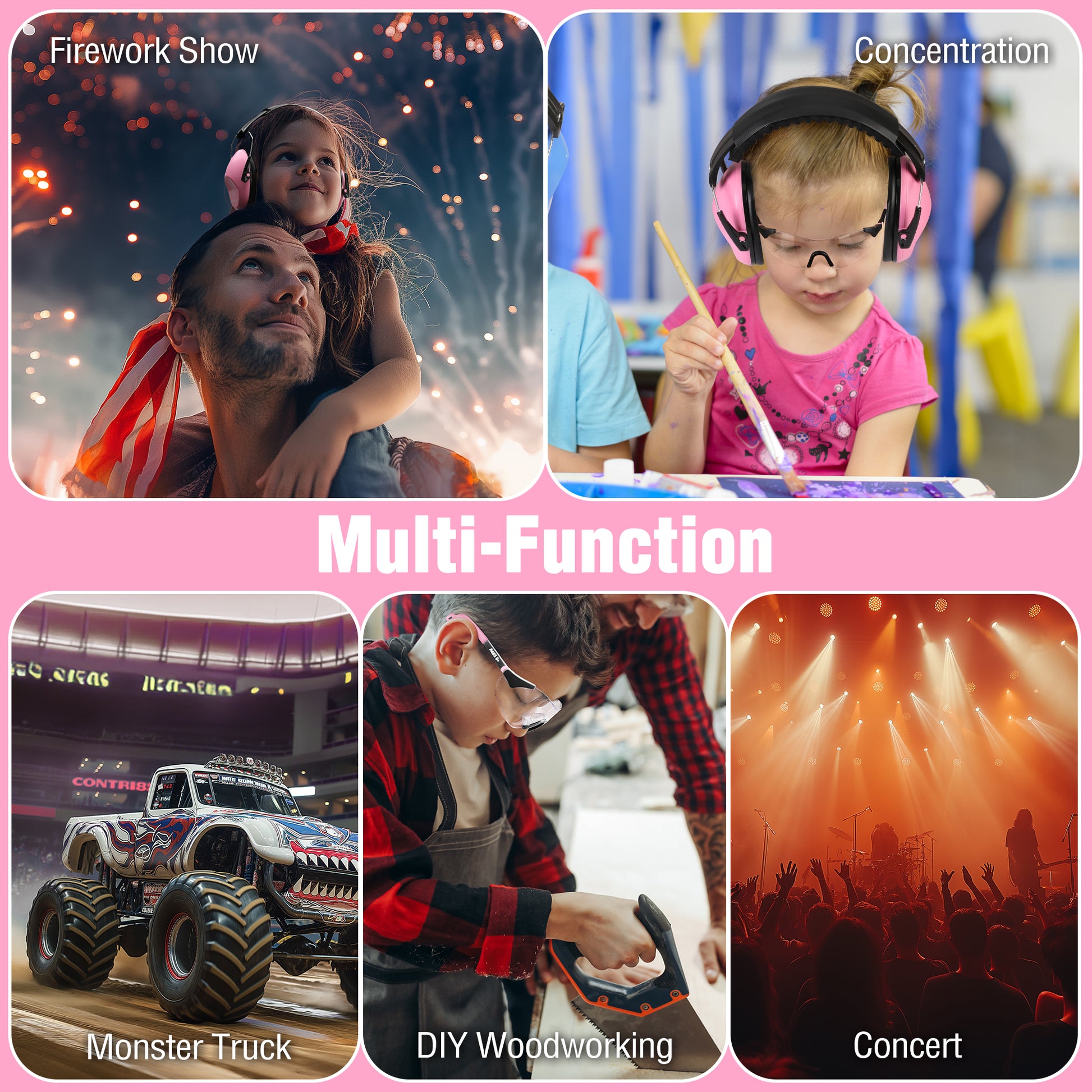 Kids noise cancelling earmuffs with pink ear cups and black headband, worn