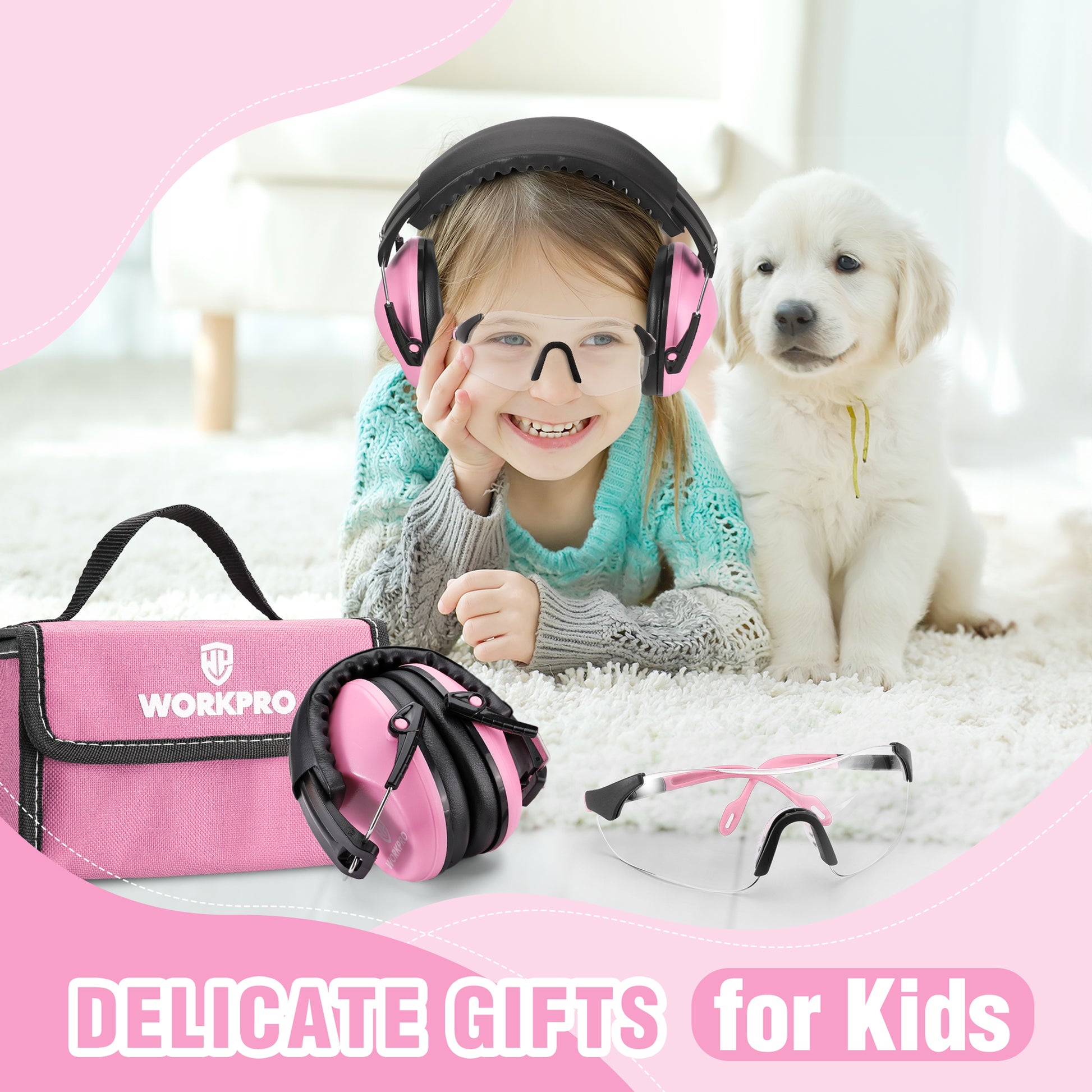 Kids earmuffs with pink ear cushions, plus clear safety glasses and pouch