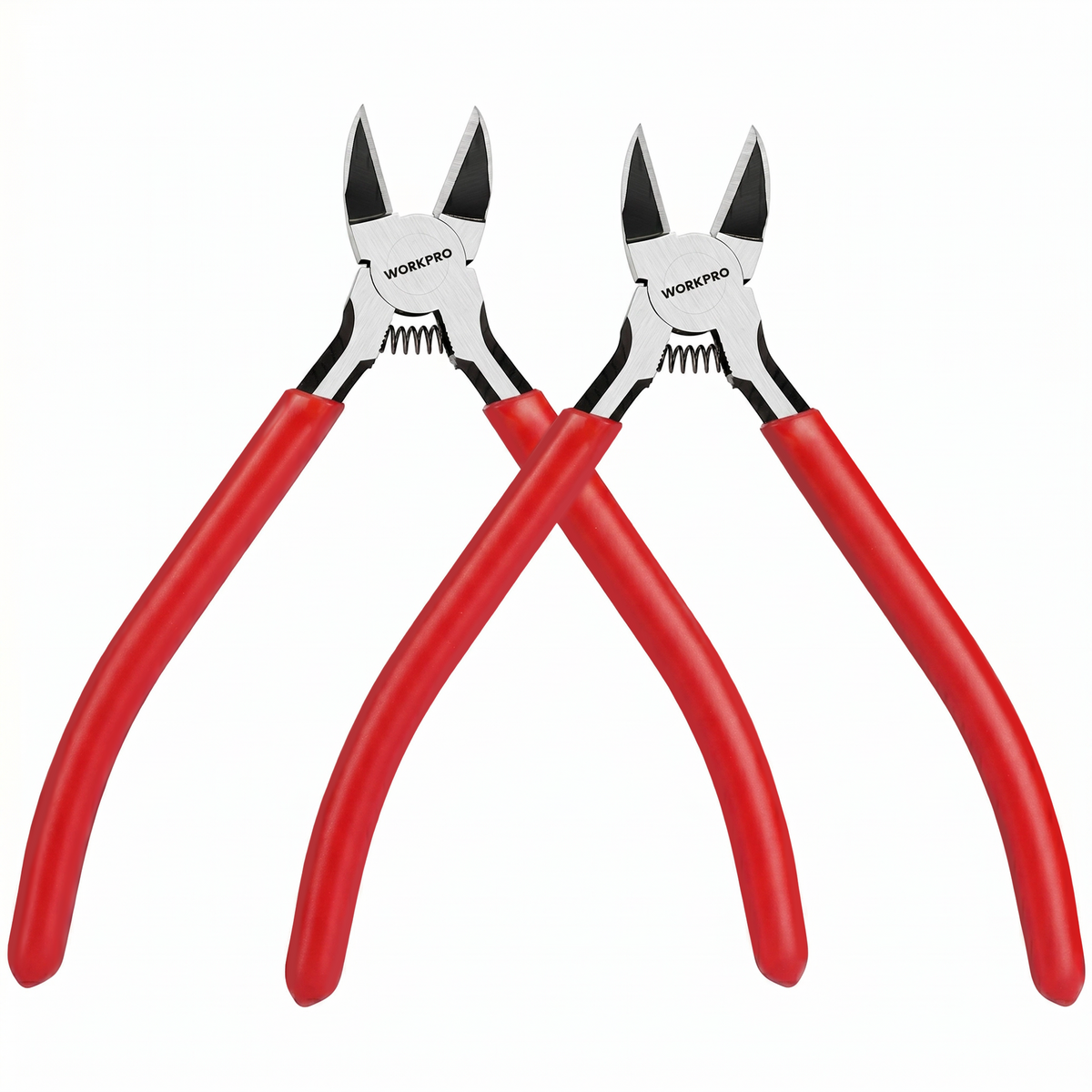 Workpro two-pack precision flush cutters with red handles and spring-loaded automatic opening for wire work.