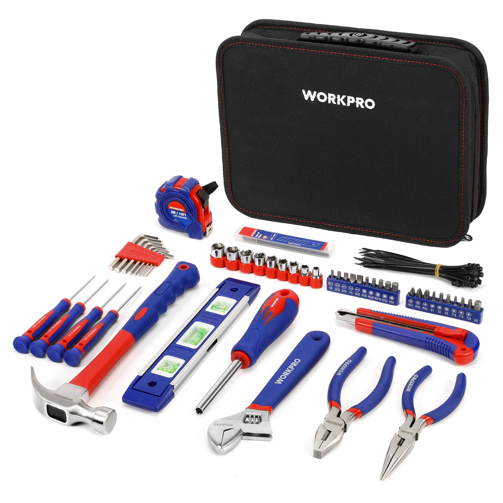WORKPRO 100-piece kitchen drawer hand tool set in black with 600D polyester fabric, secure and durable, convenient quality