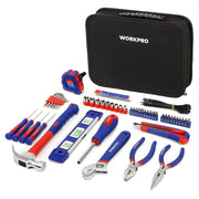 WORKPRO multi-tool kit with a black zippered carrying case and various hand tools including screwdrivers, pliers, a hammer, a utility knife, a level, and a tape measure, arranged on a white background.