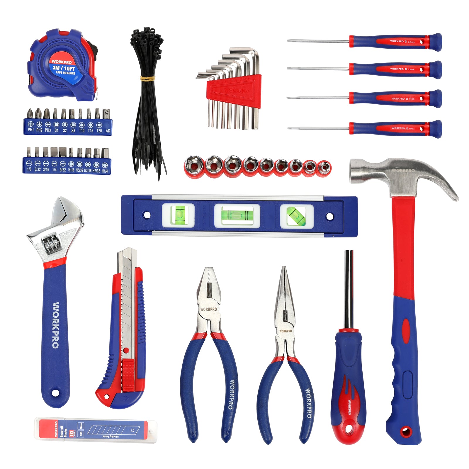 WORKPRO 100 Pcs kitchen drawer hand tool set with blue and red tools in 600D polyester pouch, innovation quality