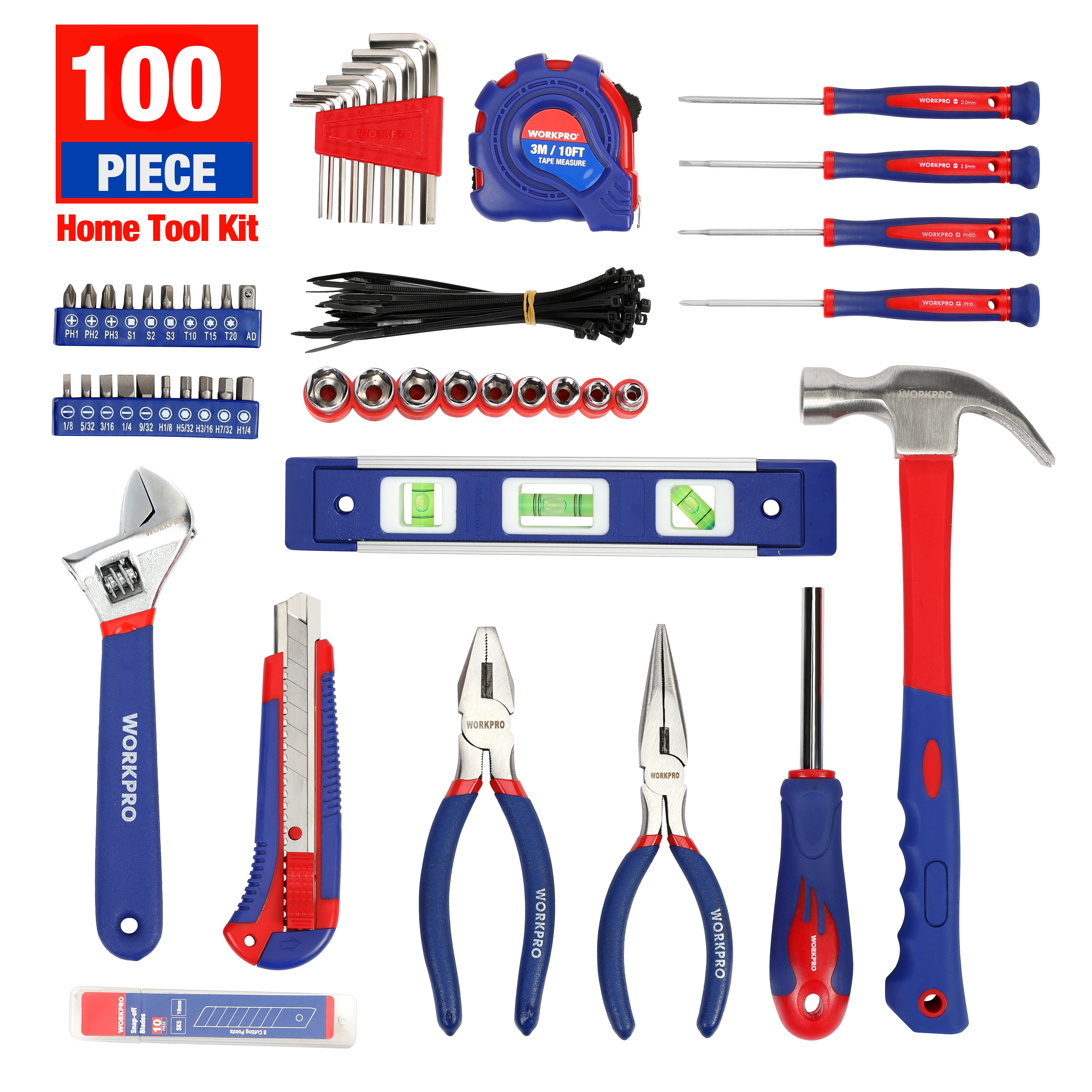 WORKPRO 100 Pcs kitchen drawer hand tool set with easy carrying pouch, innovation quality and secure durable convenience