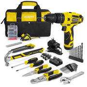 Cordless yellow drill/driver with accessory tools and black-yellow storage bag