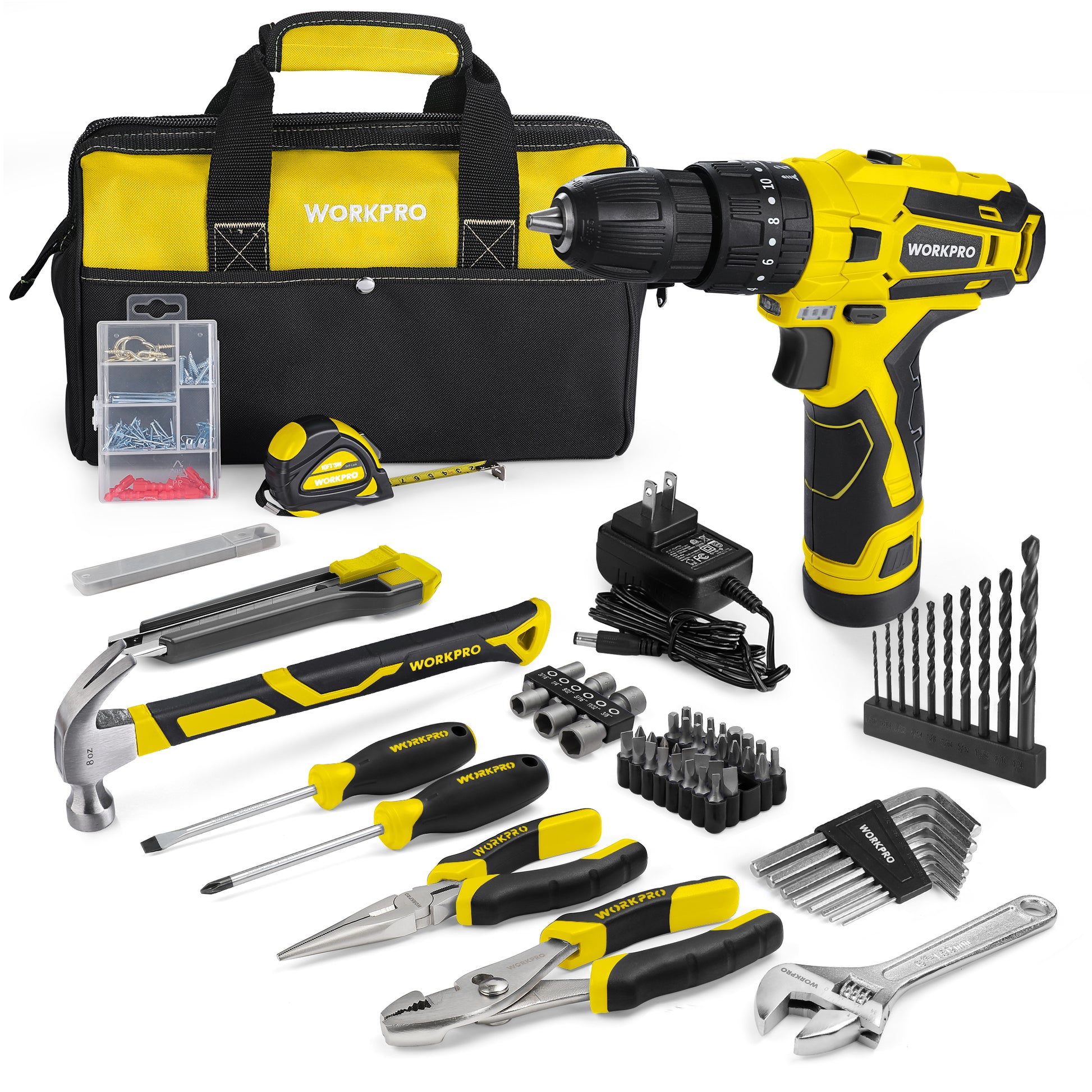 Cordless yellow drill/driver with accessory tools and black-yellow storage bag