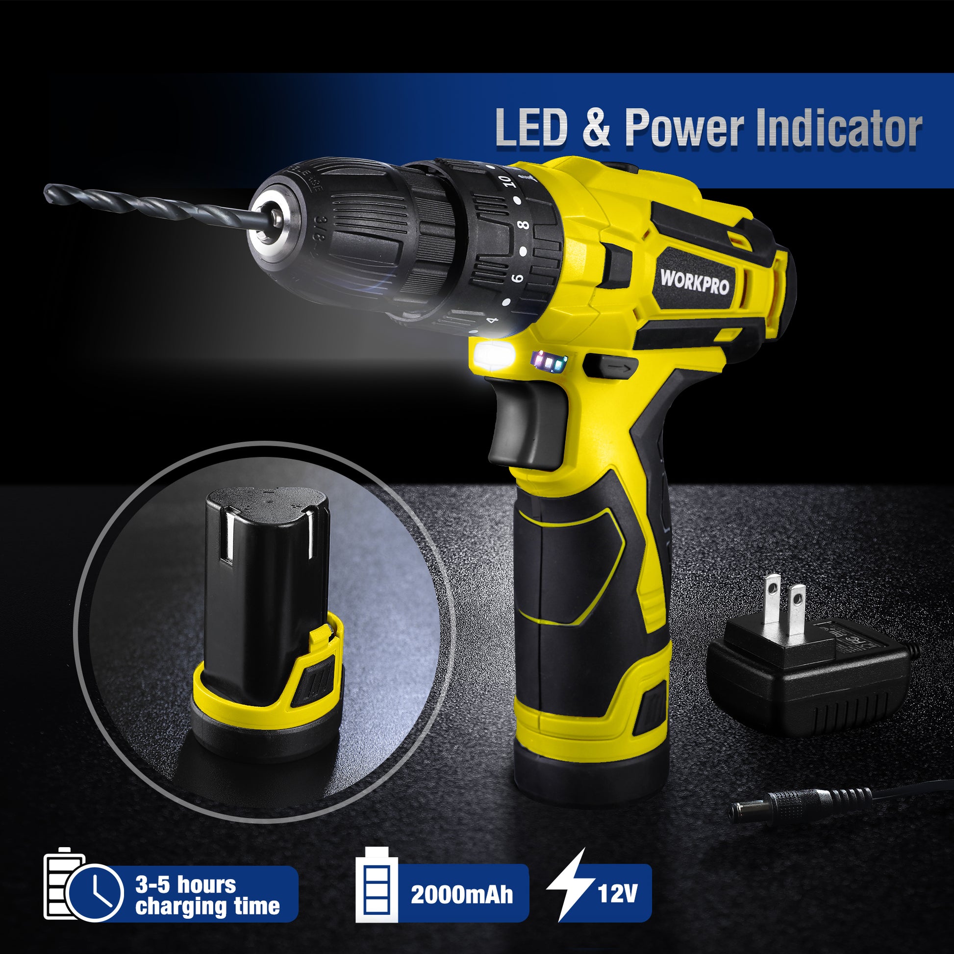 Yellow cordless drill/driver with LED power indicator and included charger