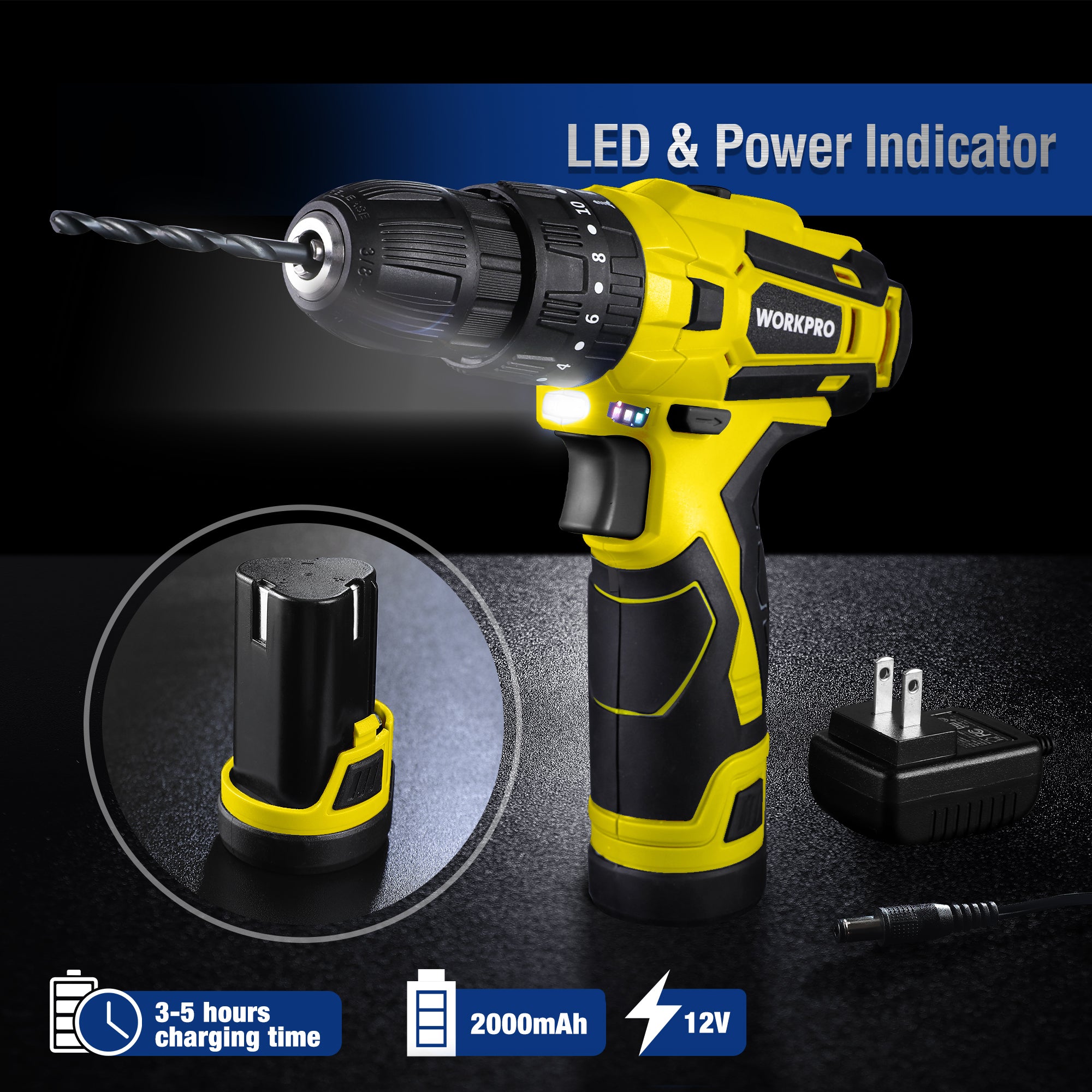 Yellow cordless drill/driver with LED power indicator and included charger