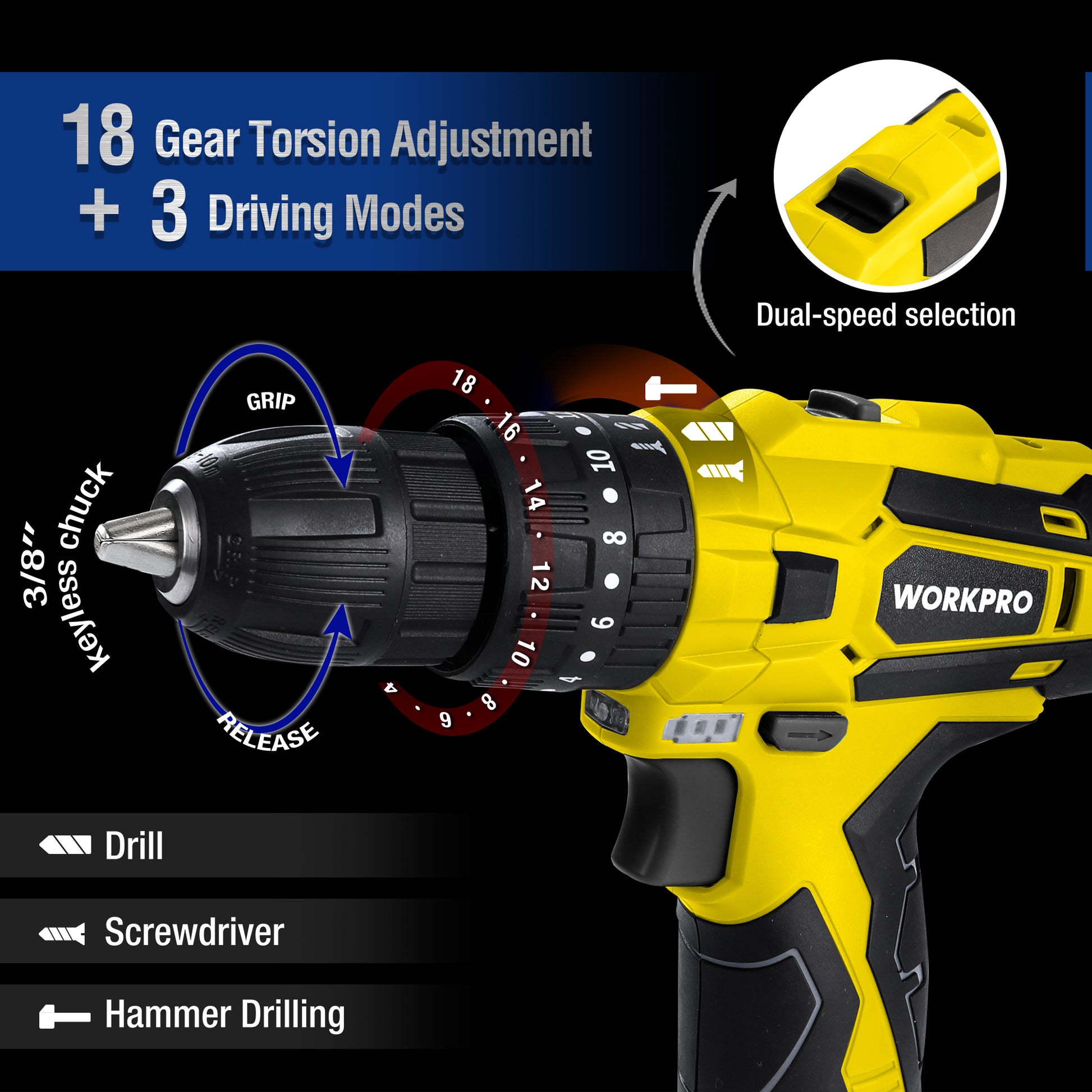 Yellow cordless drill/driver with 18-gear torsion adjustment and driving modes
