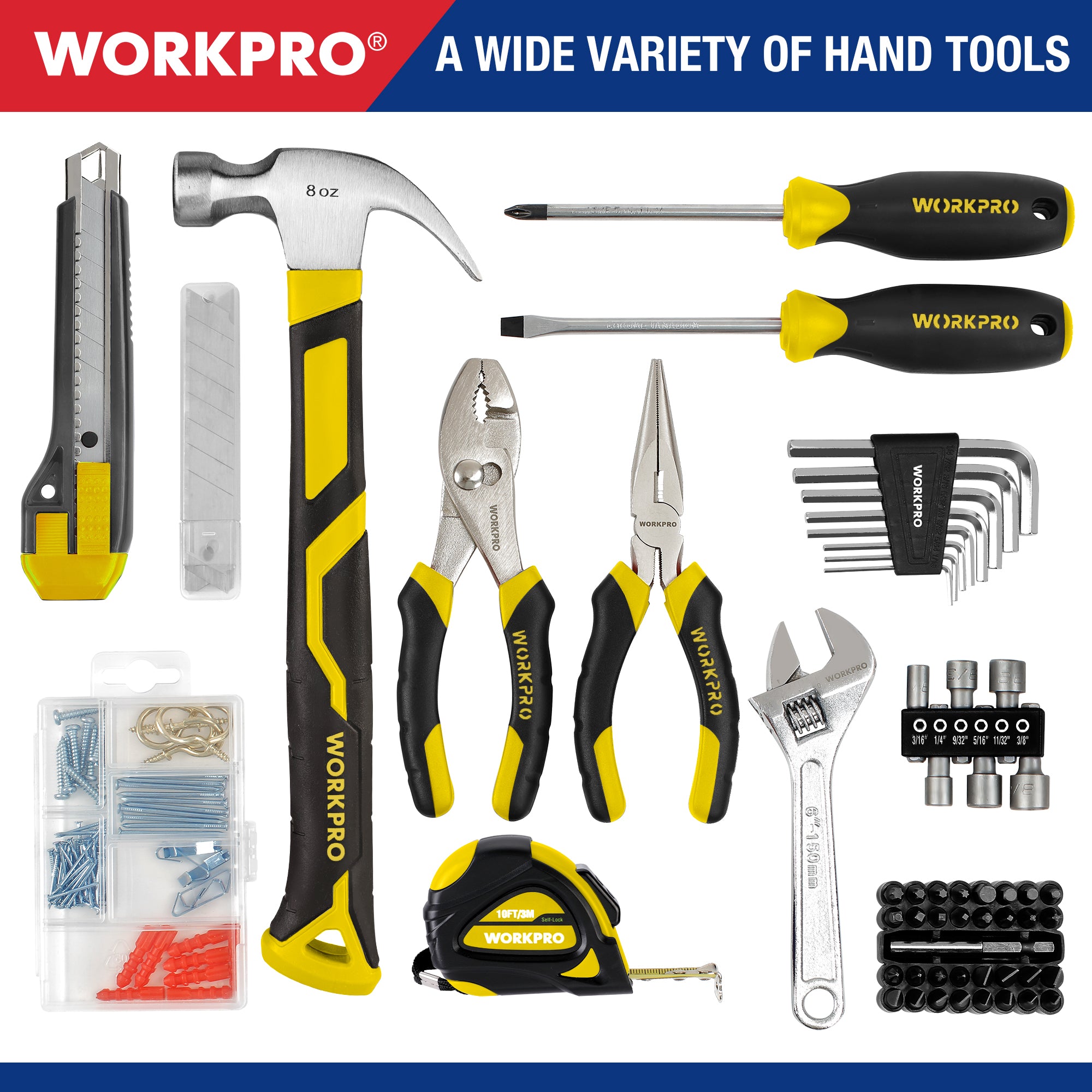 Power tool set with assorted hand tools, bits, and yellow-handled accessories