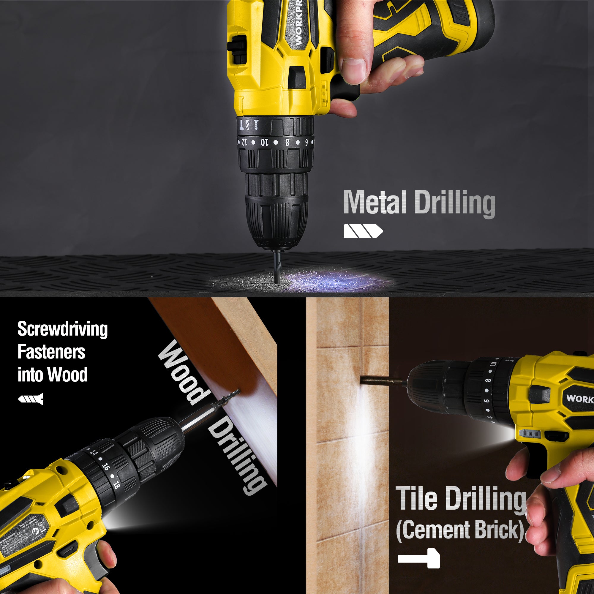 Yellow cordless drill/driver for metal drilling, wood drilling, and tile drilling