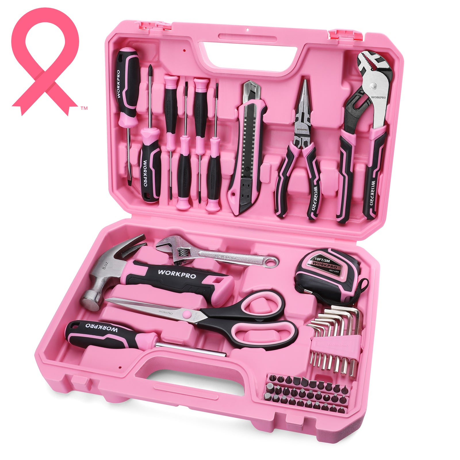 WORKPRO 52 Pcs Pink Tool Set, Home Women's Tool Set with Storage Tool Box, Basic Tool Set - Pink Ribbon