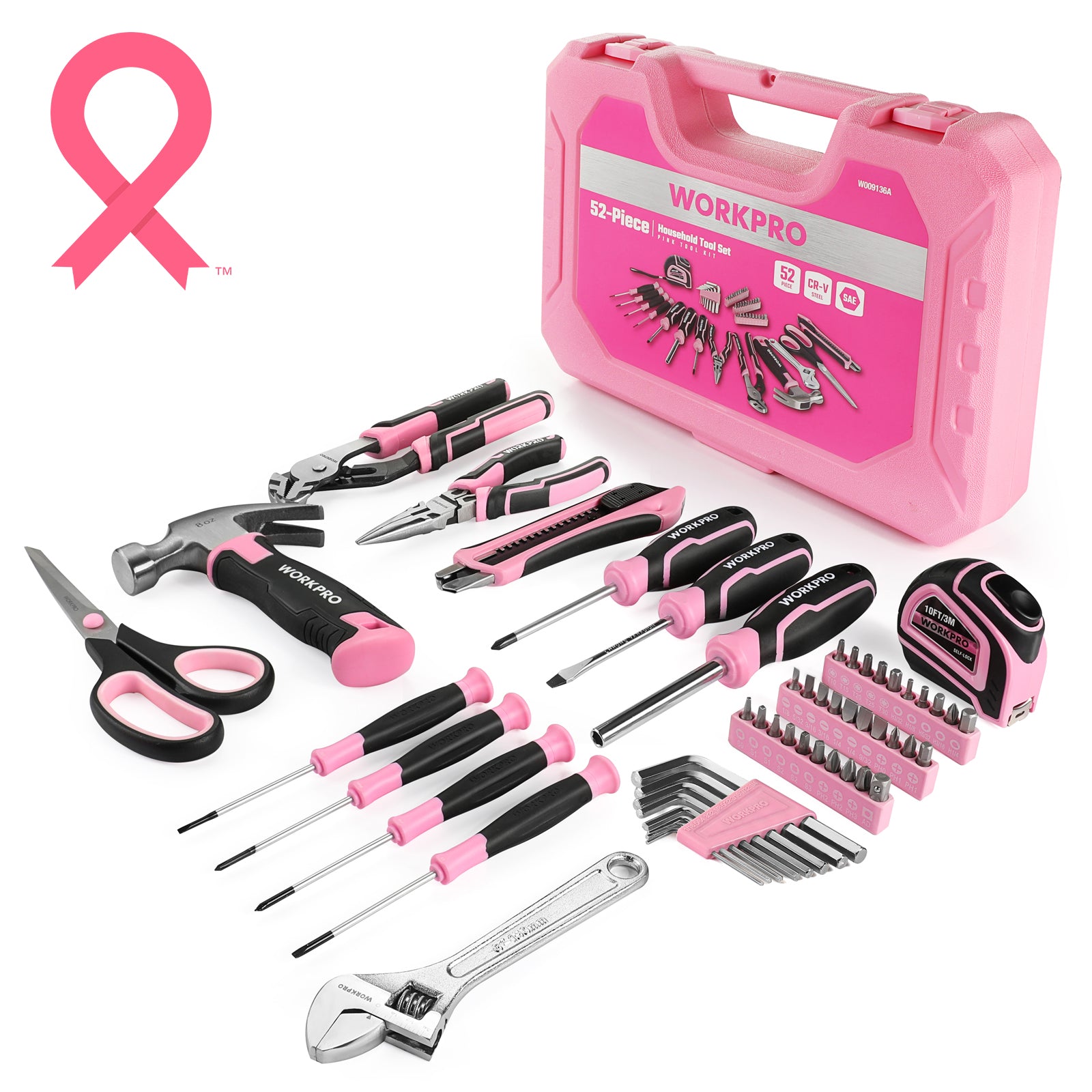 WORKPRO 52 piece pink tool set with storage tool box, innovation quality high-quality durable secure convenient
