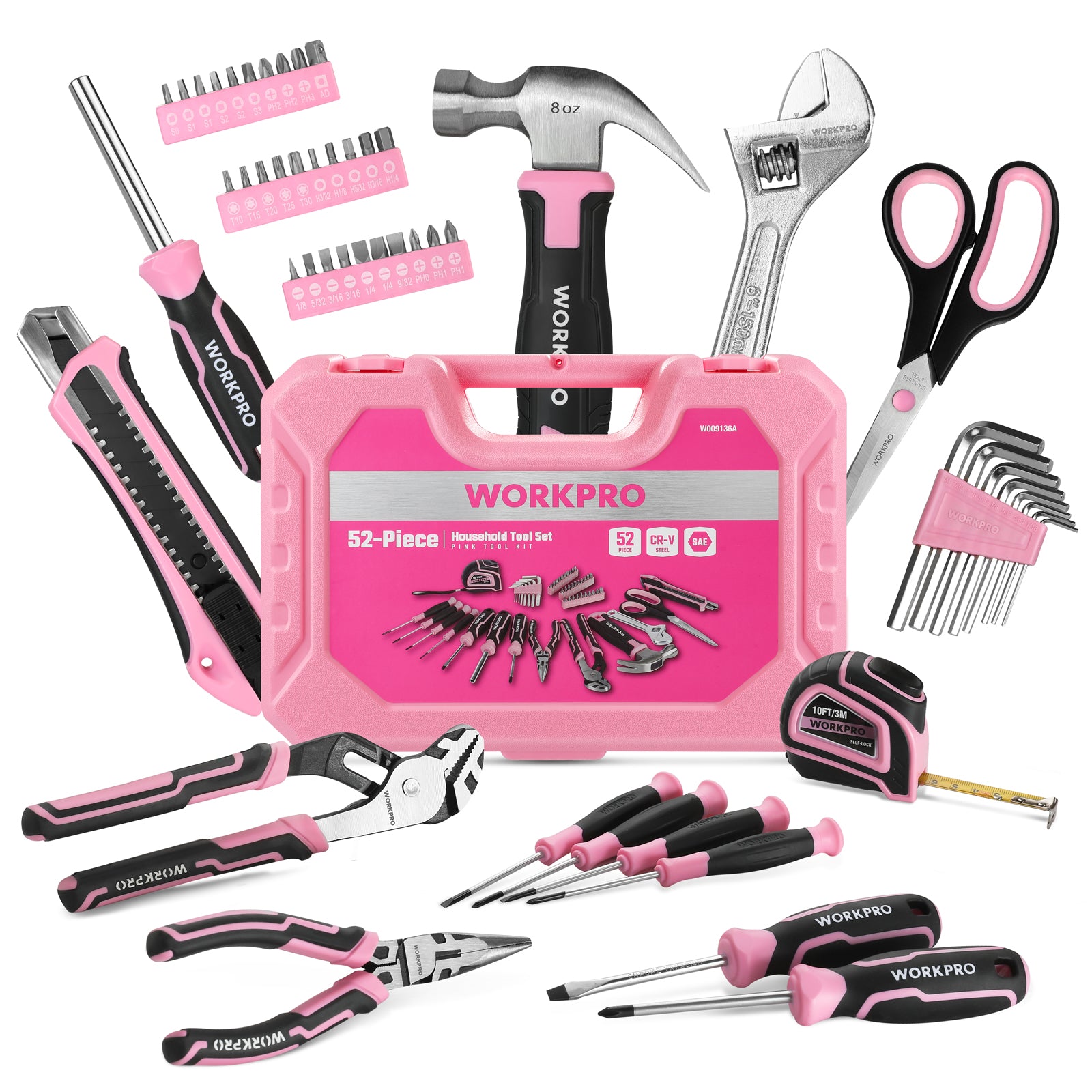 WORKPRO 52 Pcs Pink Tool Set, Home Women's Tool Set with Storage Tool Box, Basic Tool Set - Pink Ribbon