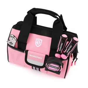 WORKPRO 9 Pcs Kids Junior Tool Set with Tool Bag in pink with secure double zipper and durable 600D polyester