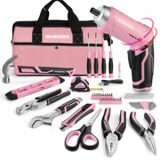 Pink tool set with cordless screwdriver, hand tools, and black-trim carrying bag