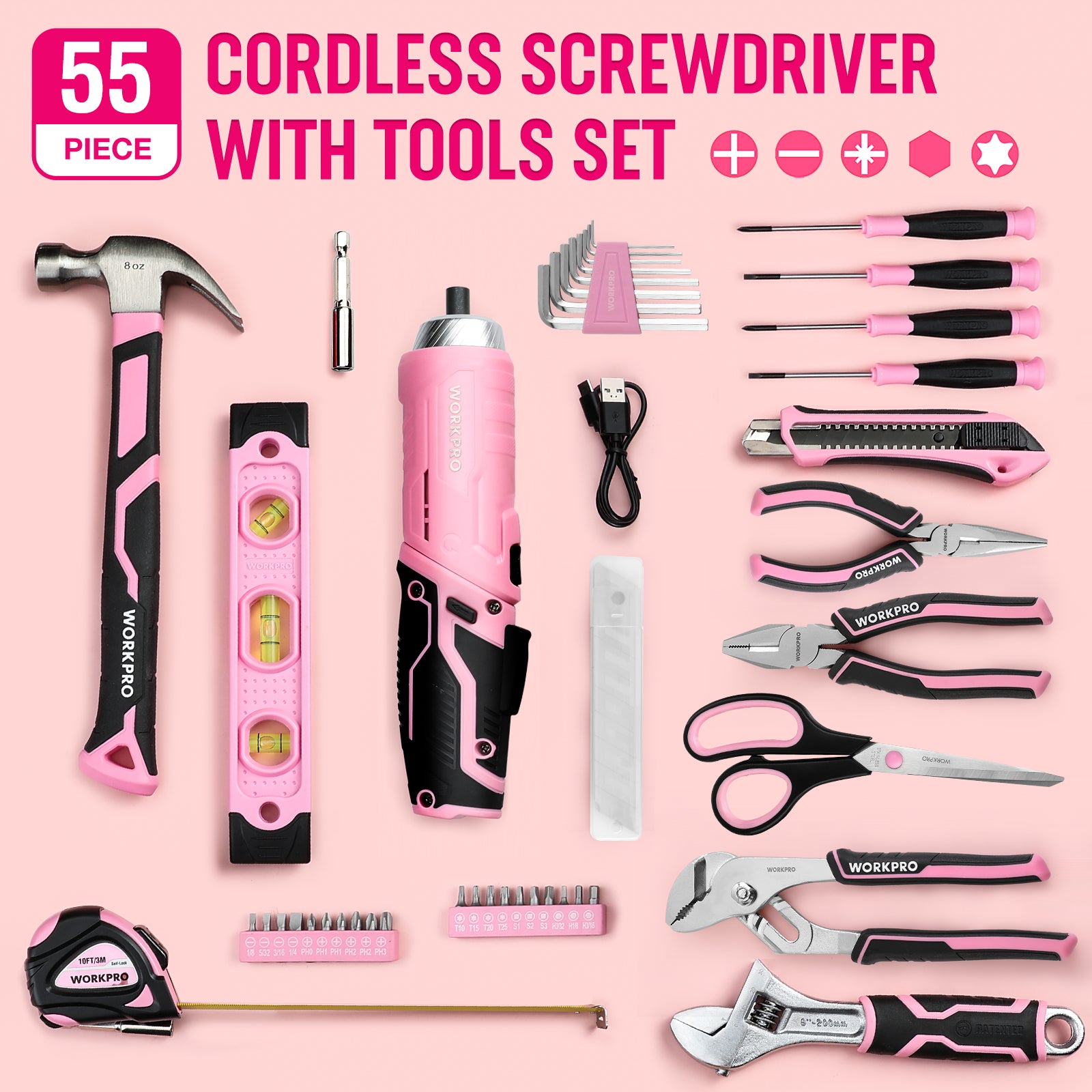 Pink cordless screwdriver tool set with assorted bits, wrenches, pliers, and tools
