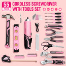 WORKPRO 55-Piece Pink Tool set with Electric Cordless Screwdriver, Basic Tool Kit Set for Women with 13" Portable Tool Bag for DIY Home Repair/Maintenance - Pink Ribbon
