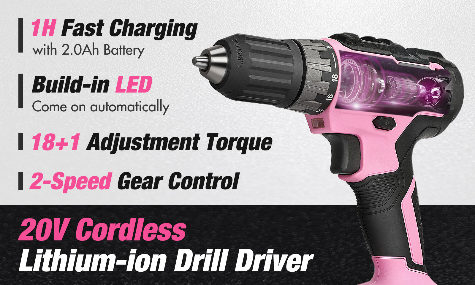 Pink and black cordless drill with LED light and purple fan, text shows 20V and 2 speed gear control