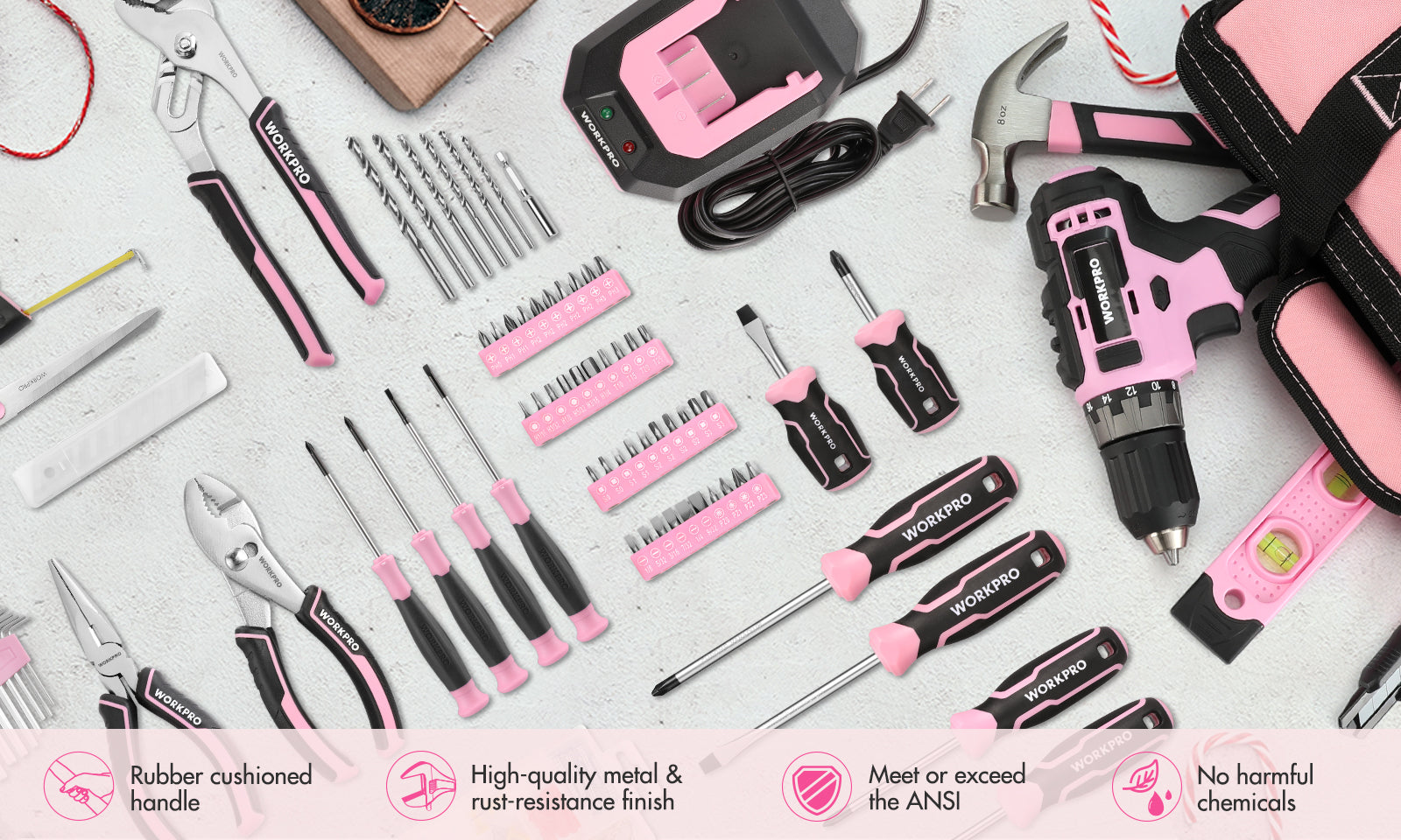 Tool kit with pink and black screwdrivers, bits, and wrenches, showing innovation and quality in metal parts