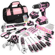 Pink and black cordless drill driver tool kit with case, bits, and hand tools