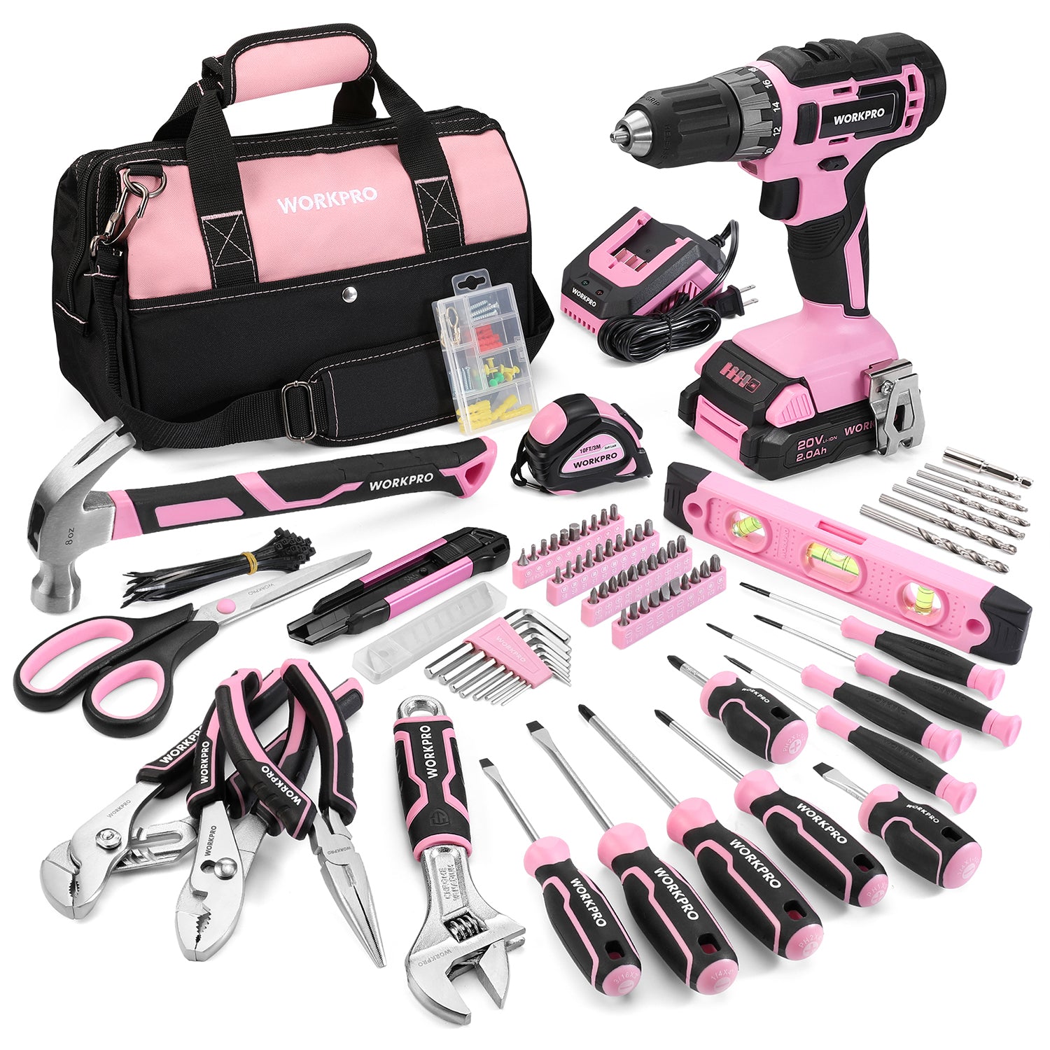 Pink and black cordless drill driver tool kit with case, bits, and hand tools