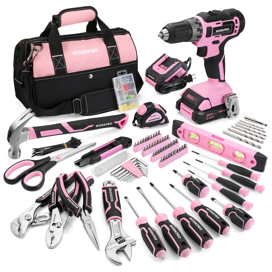 WORKPRO 157 Pcs Household Tool Kit with 20V Cordless Lithium-ion Drill Driver - Pink Ribbon