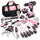 WORKPRO 157 Pcs Household Tool Kit with 20V Cordless Lithium-ion Drill Driver - Pink Ribbon